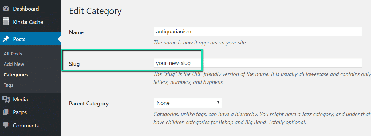 Modifica dello slug delle categorie
