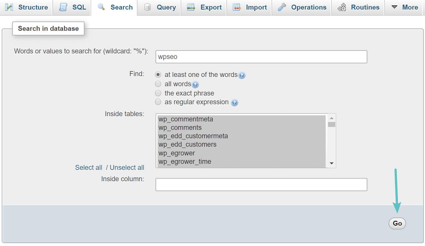 Ricerca di wpseo nel database