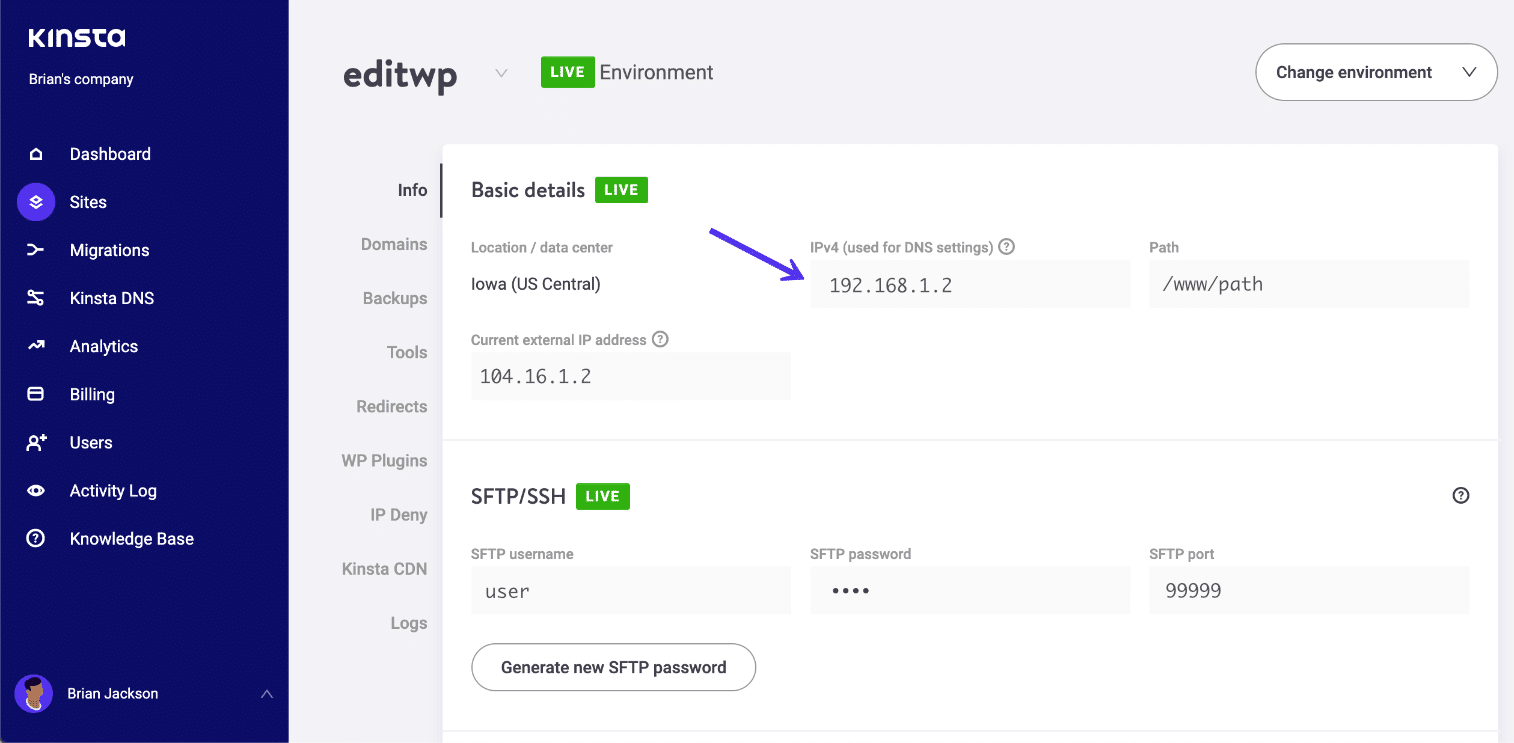 Indirizzo IPv4 di Kinsta (A record)