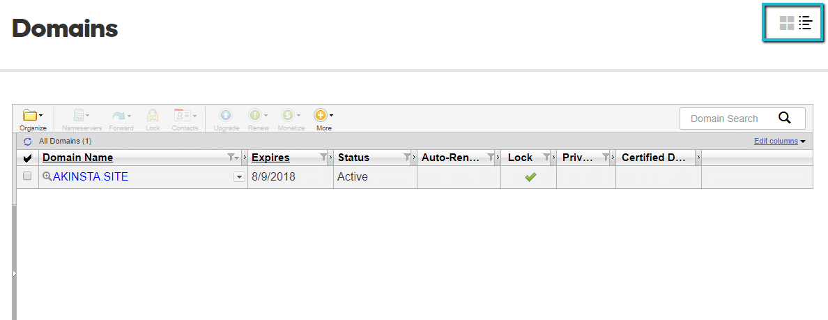 Advanced list view di GoDaddy