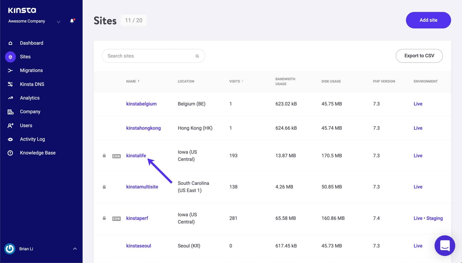 Selezionate il vostro sito su MyKinsta.