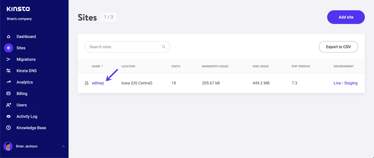 Il cruscotto del sito Kinsta