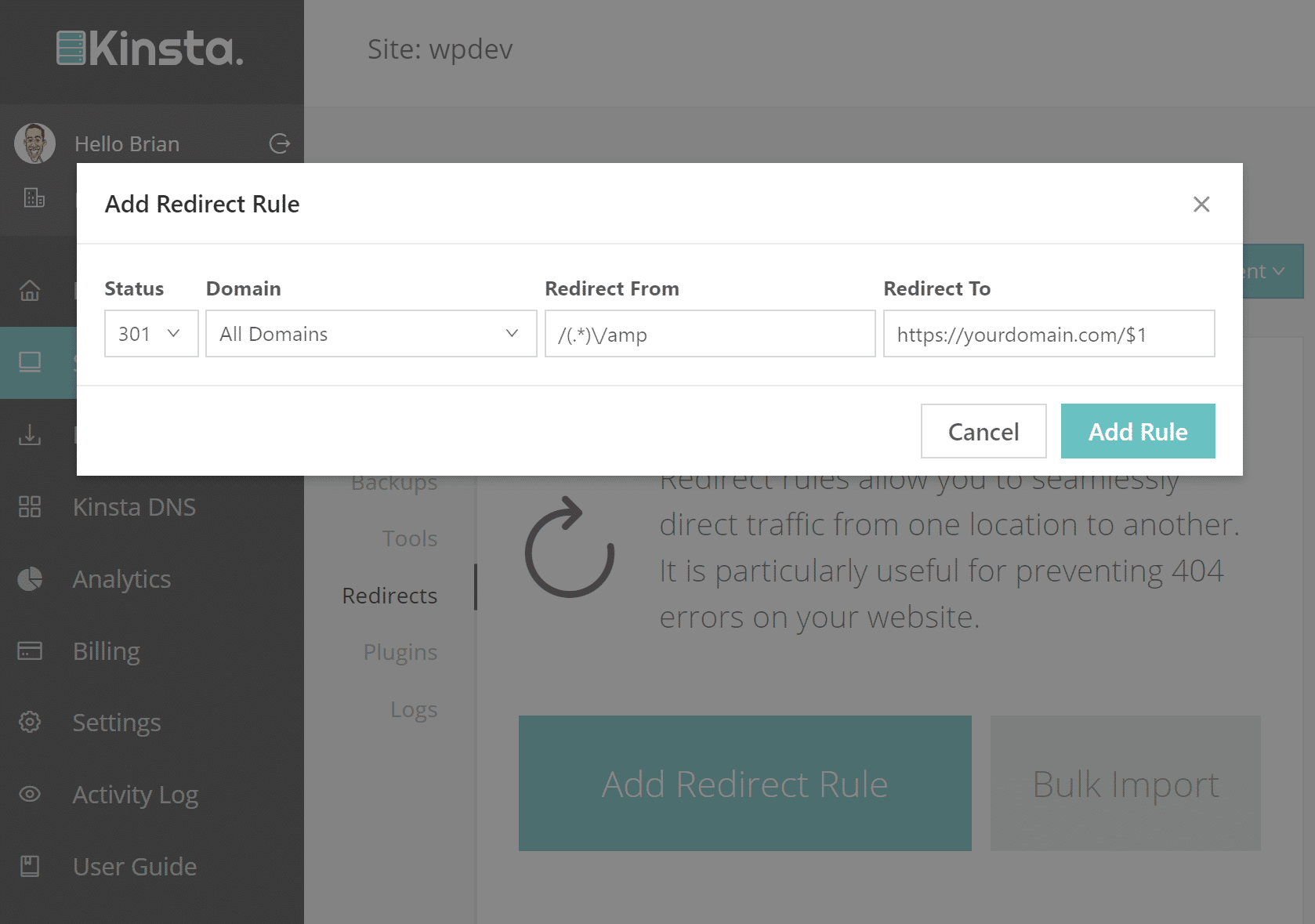 Redirect AMP nel cruscotto di MyKinsta