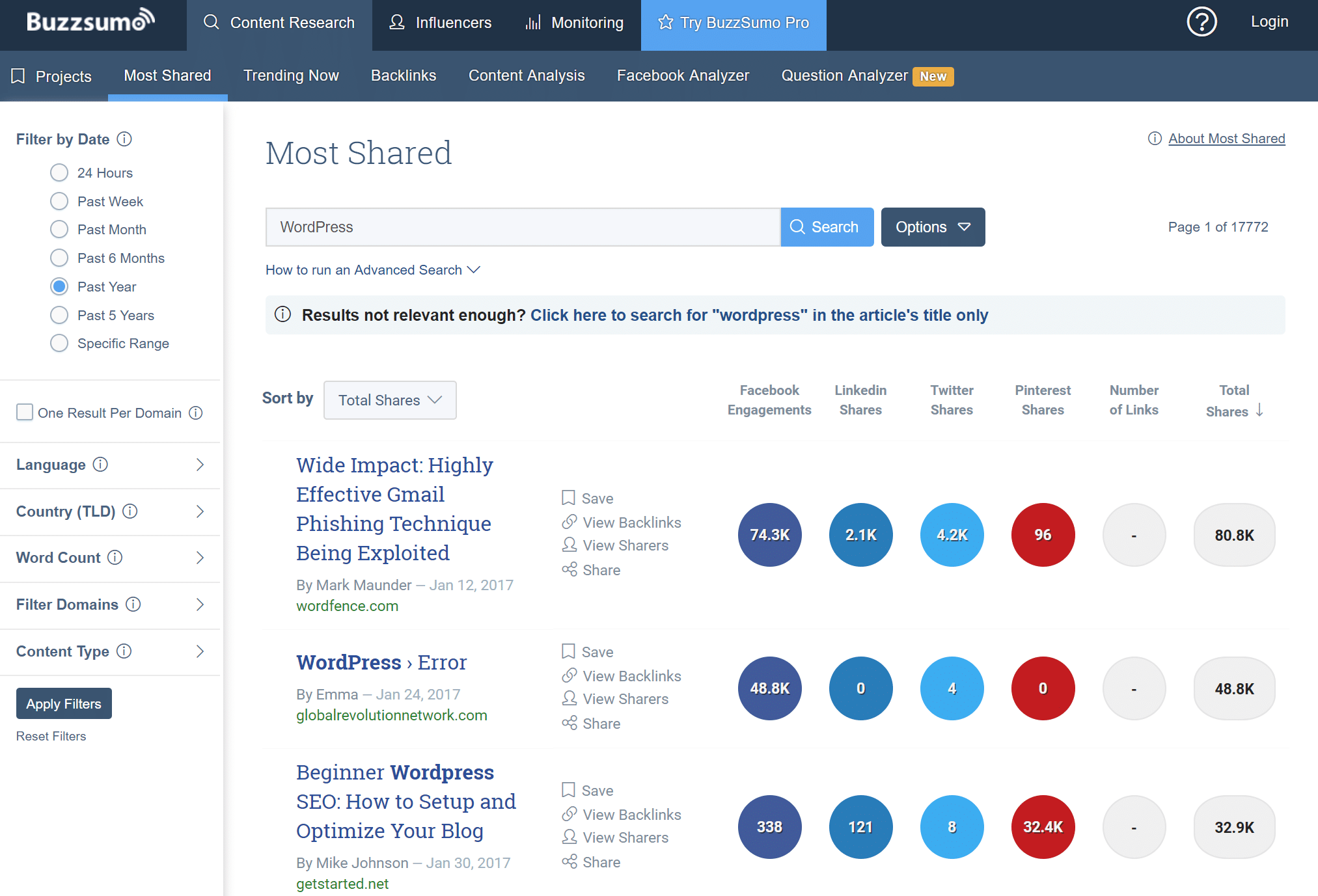 Ricerca di contenuti popolari