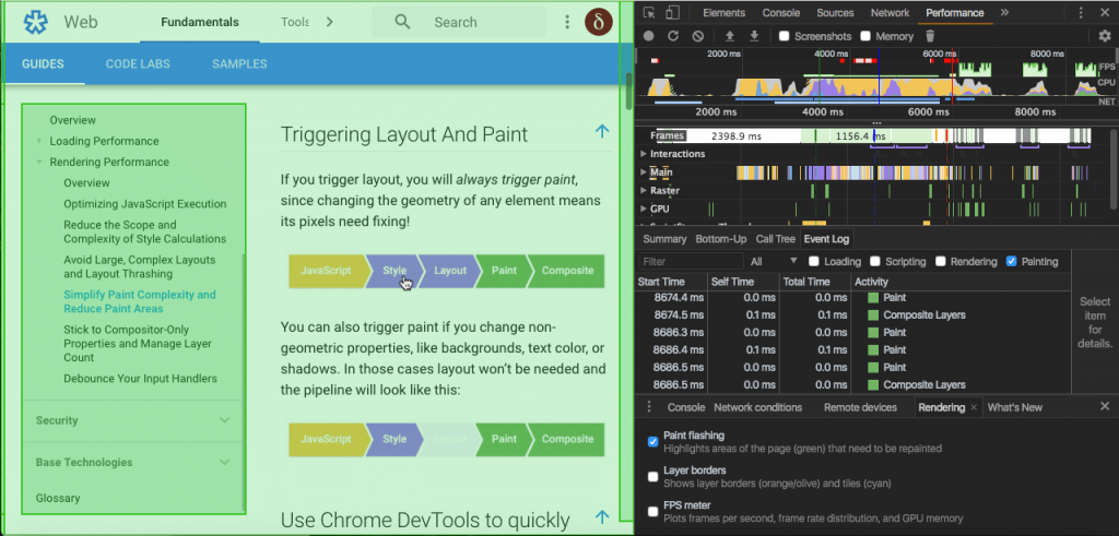 Chrome DevTools permette di identificare le porzioni di pagina che vengono dipinte
