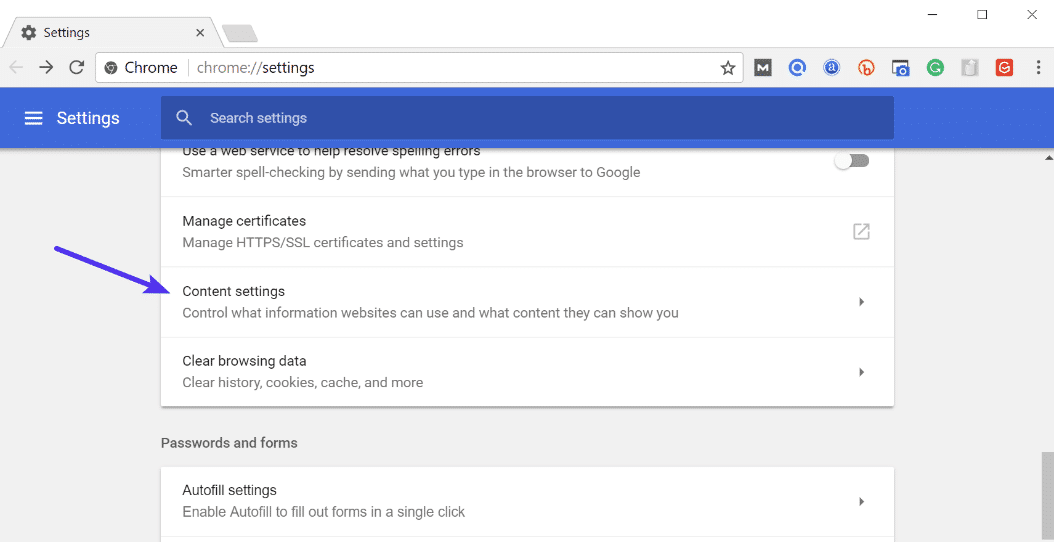 Impostazioni Contenuti in Chrome