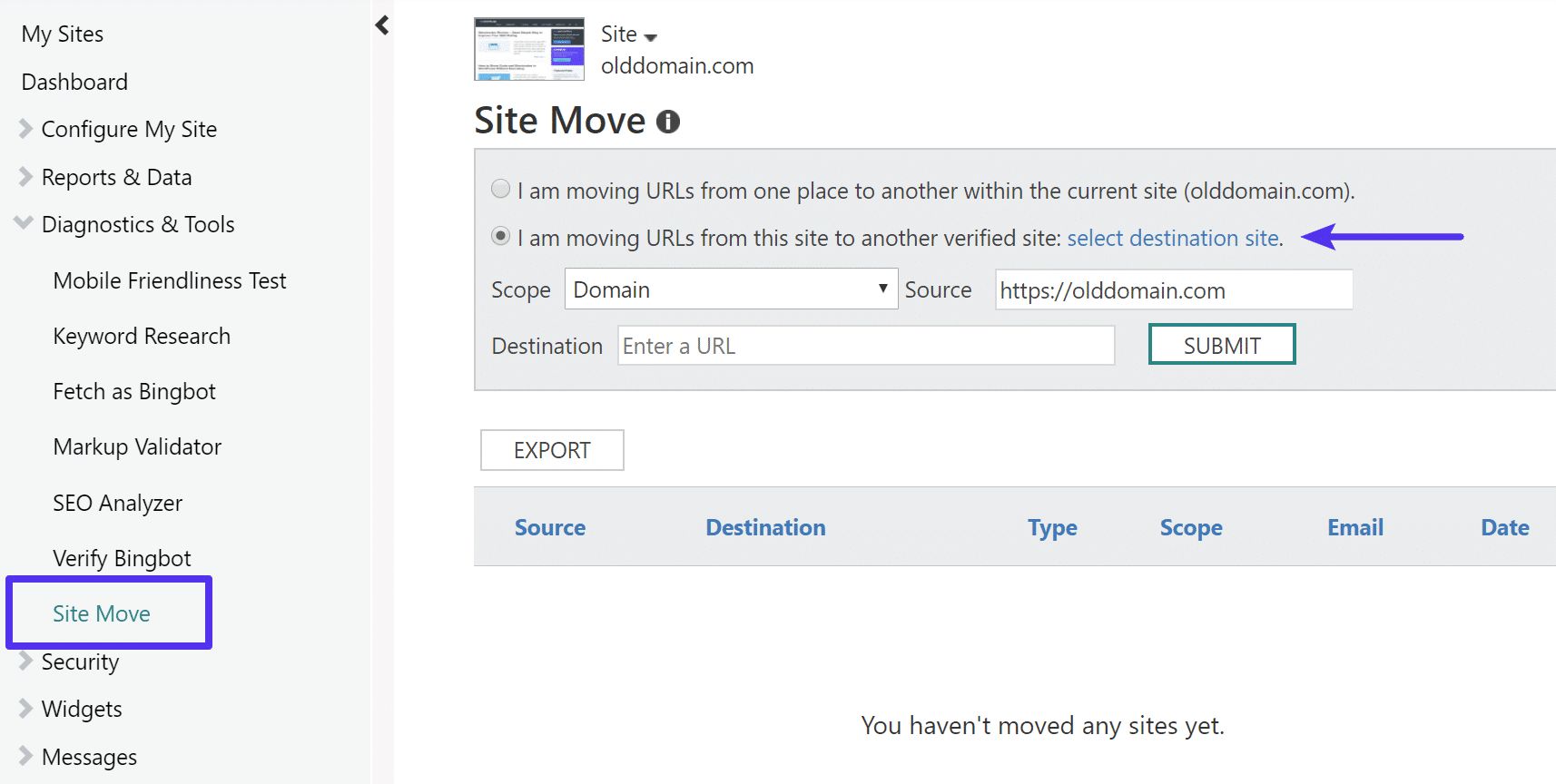 Site move in Bing Webmaster Tools