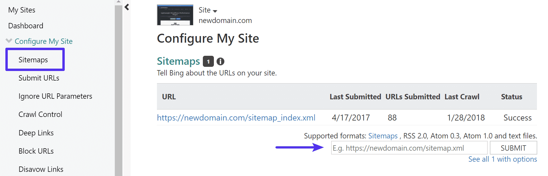 Inviare un file sitemap in Bing Webmaster Tools