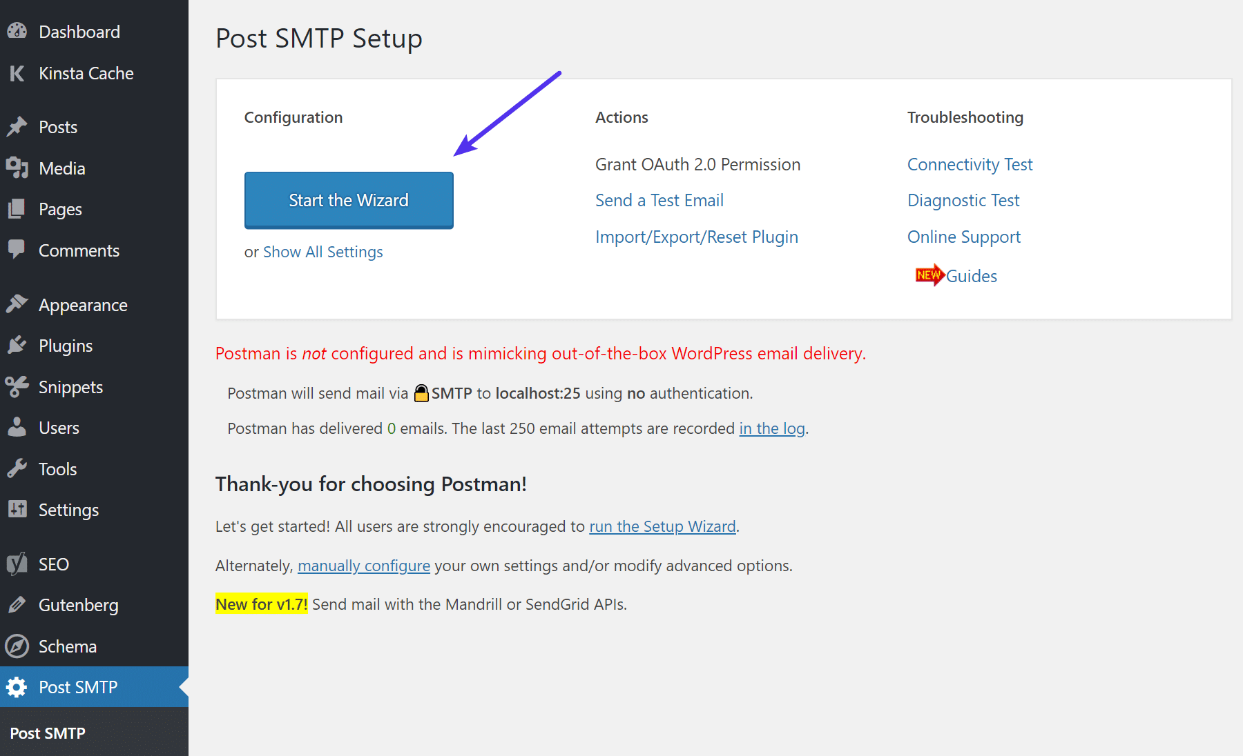 Avvio della procedura guidata di Post SMTP