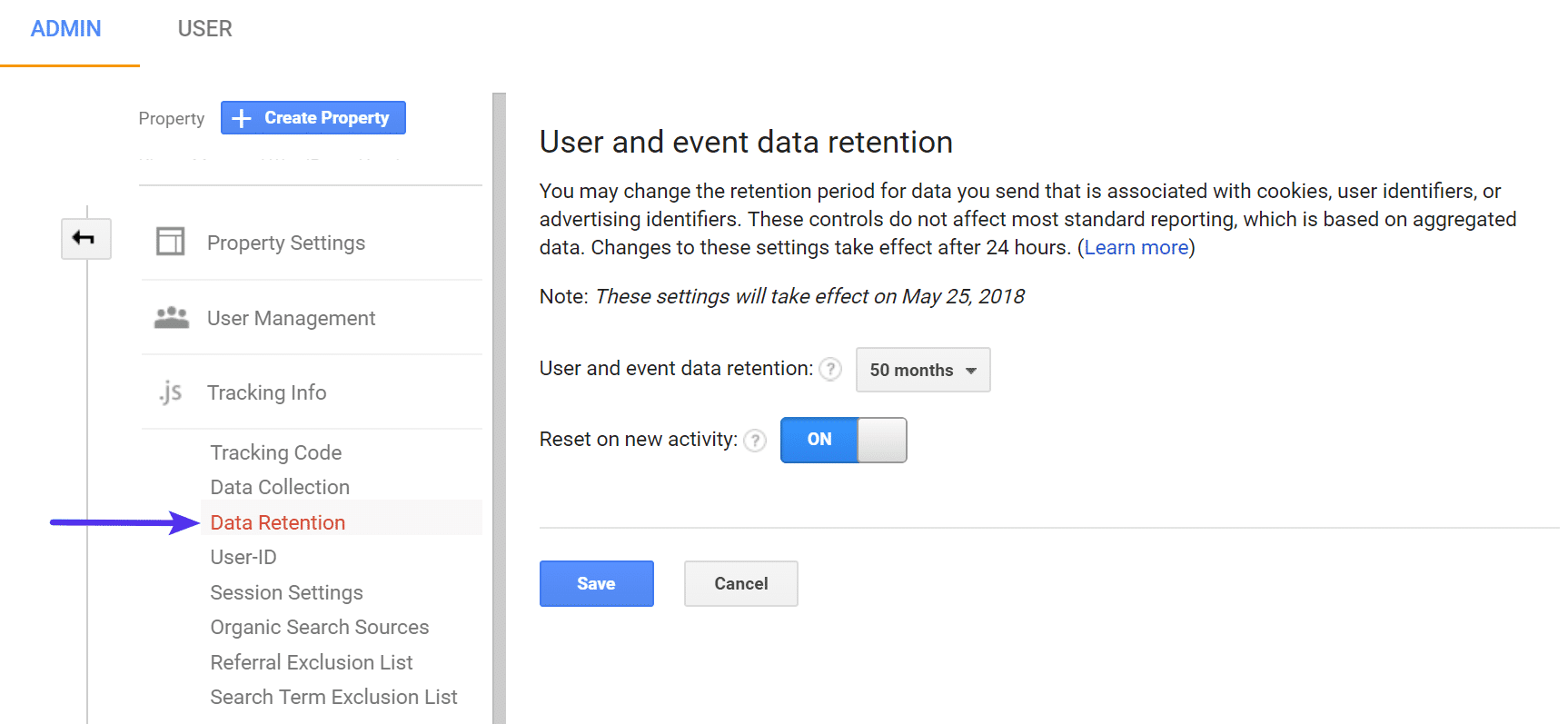 Conservazione dei dati in Google Analytics
