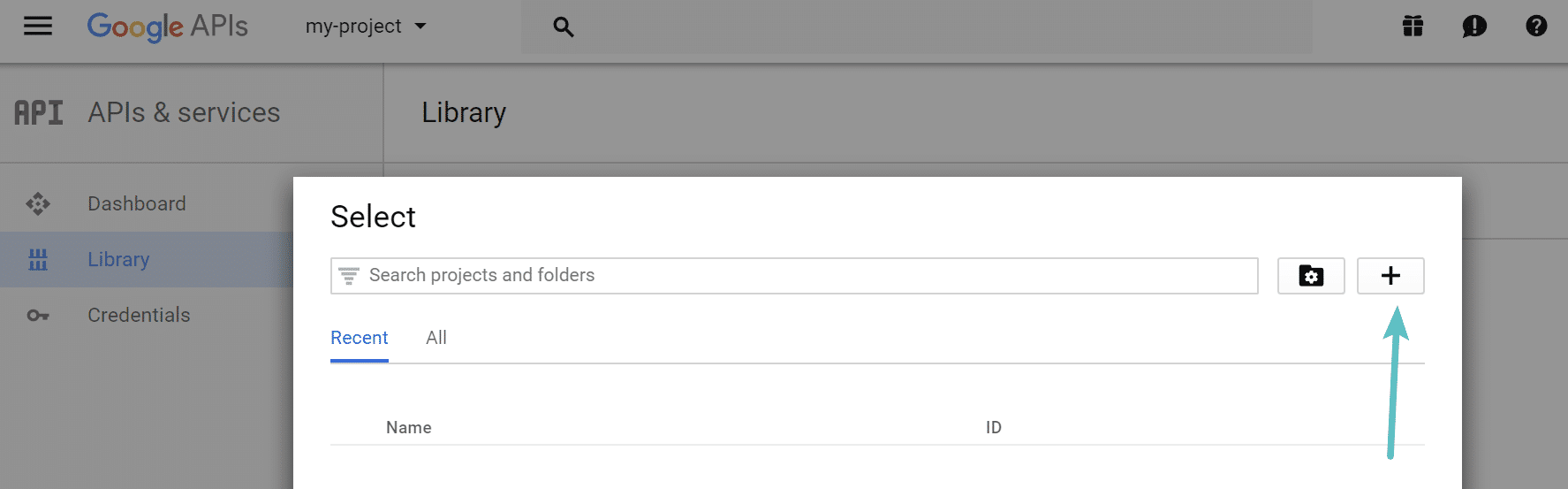 Creazione di un nuovo progetto in Google Developer Console