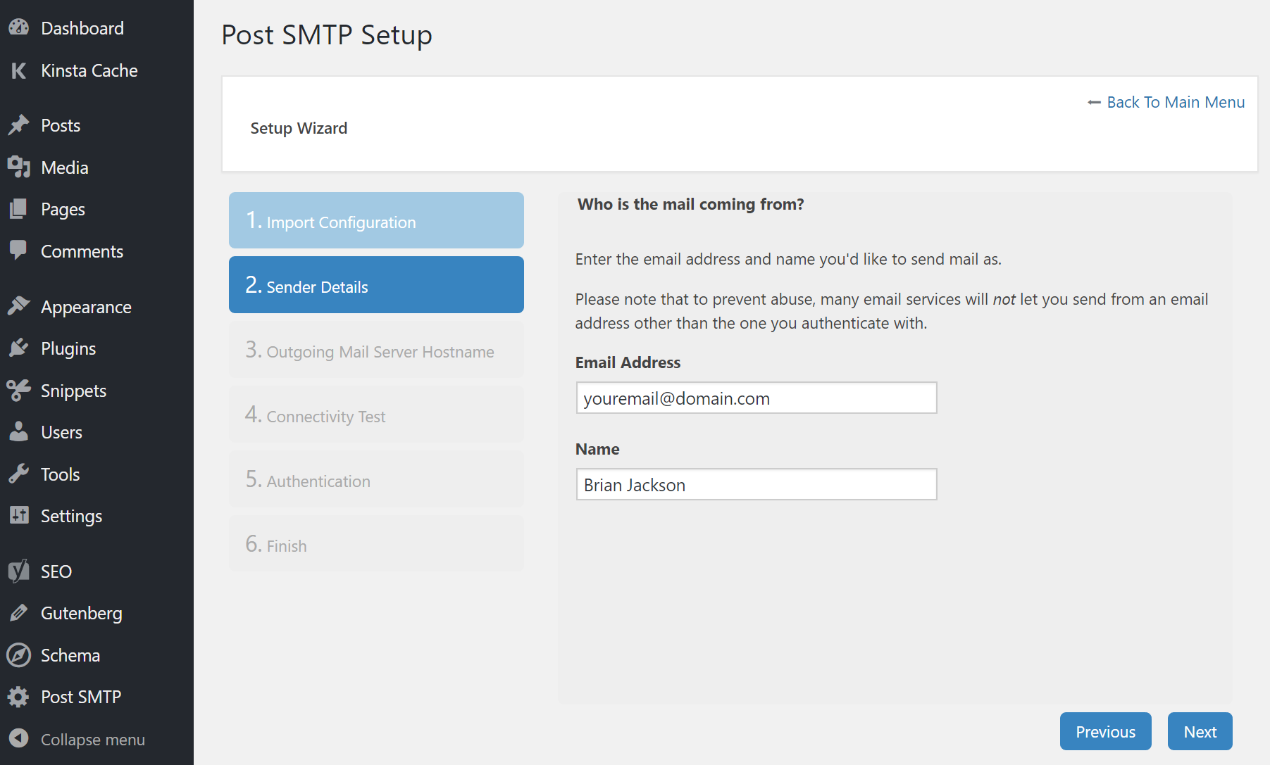 Dati mittente in Post SMTP