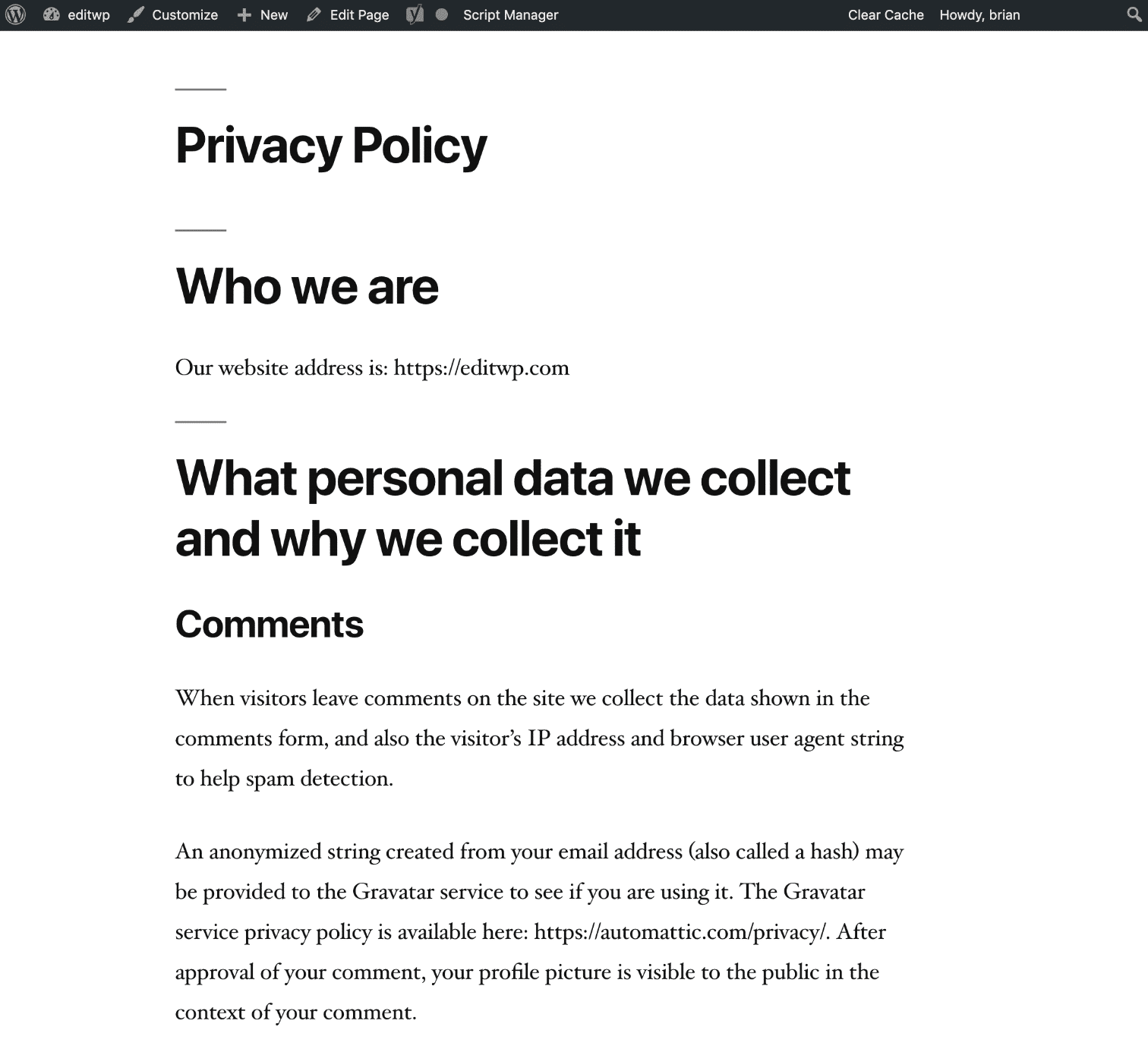 Esempio di Privacy Policy