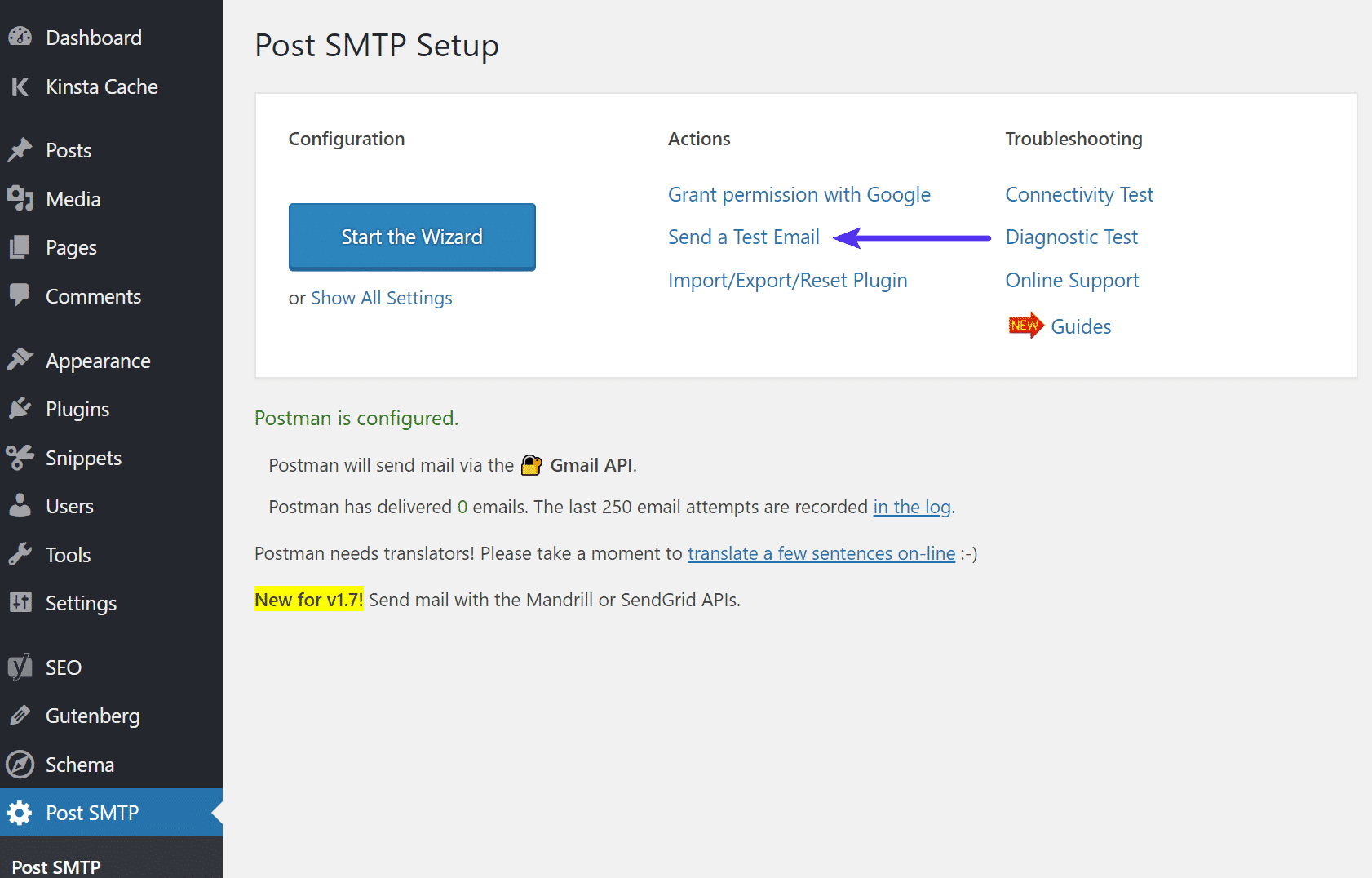 Invio email di prova in Post SMTP