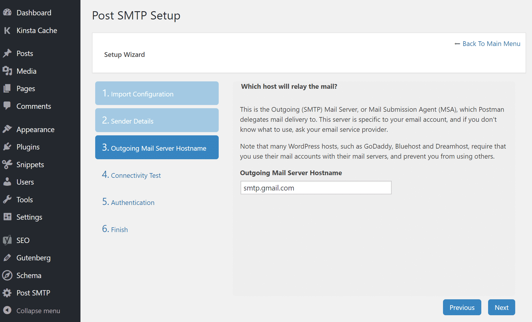 Nome host server di posta in uscita in Post SMTP