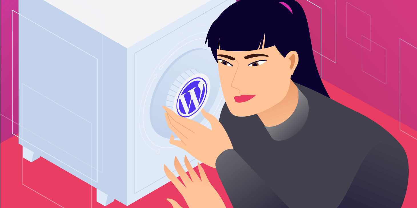 Metafora della sicurezza WordPress: una persona cerca di aprire una cassaforte che, sulla manopola, ha il logo di WordPress