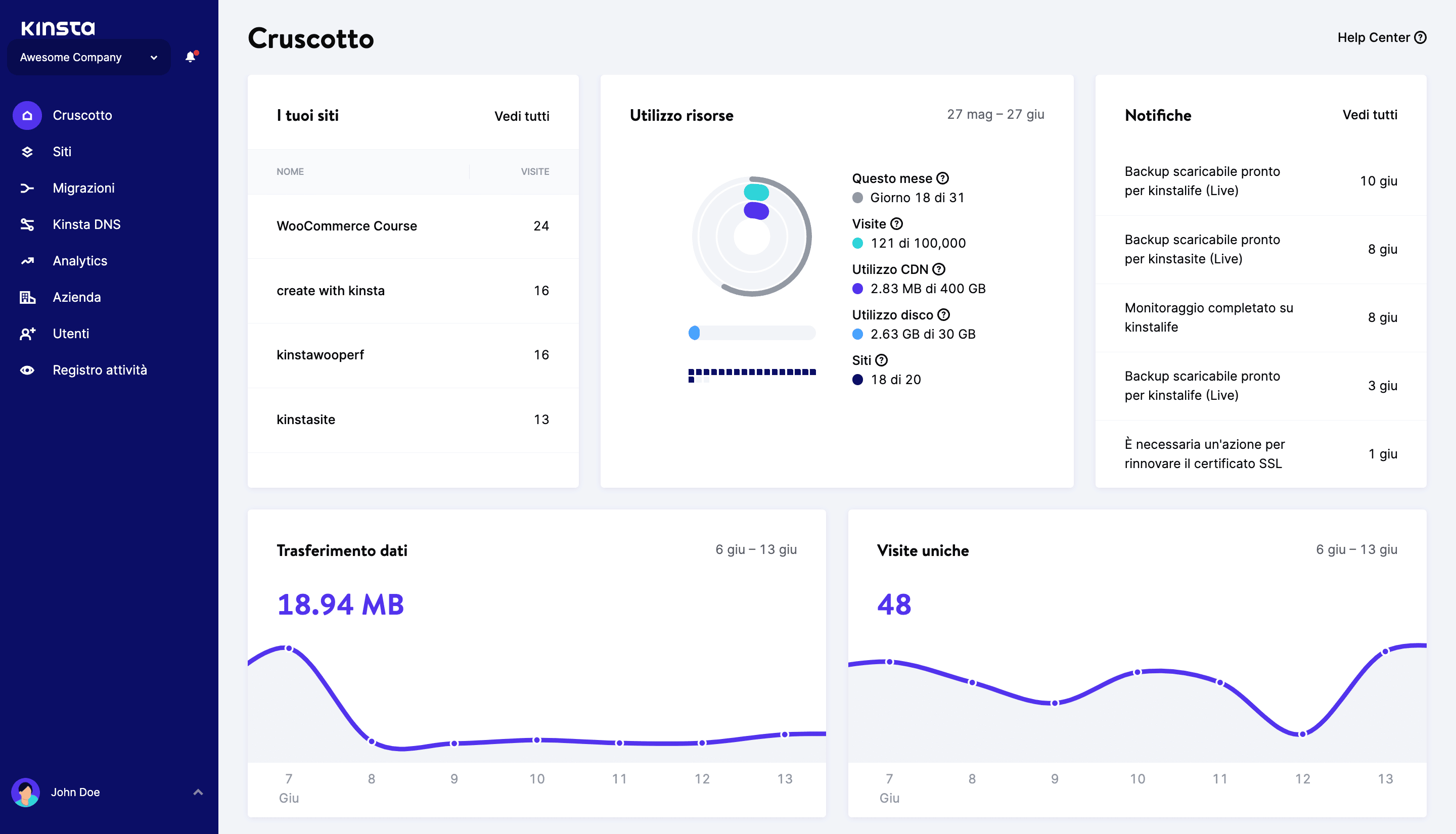 Il cruscotto MyKinsta, un approccio alternativo a cPanel.