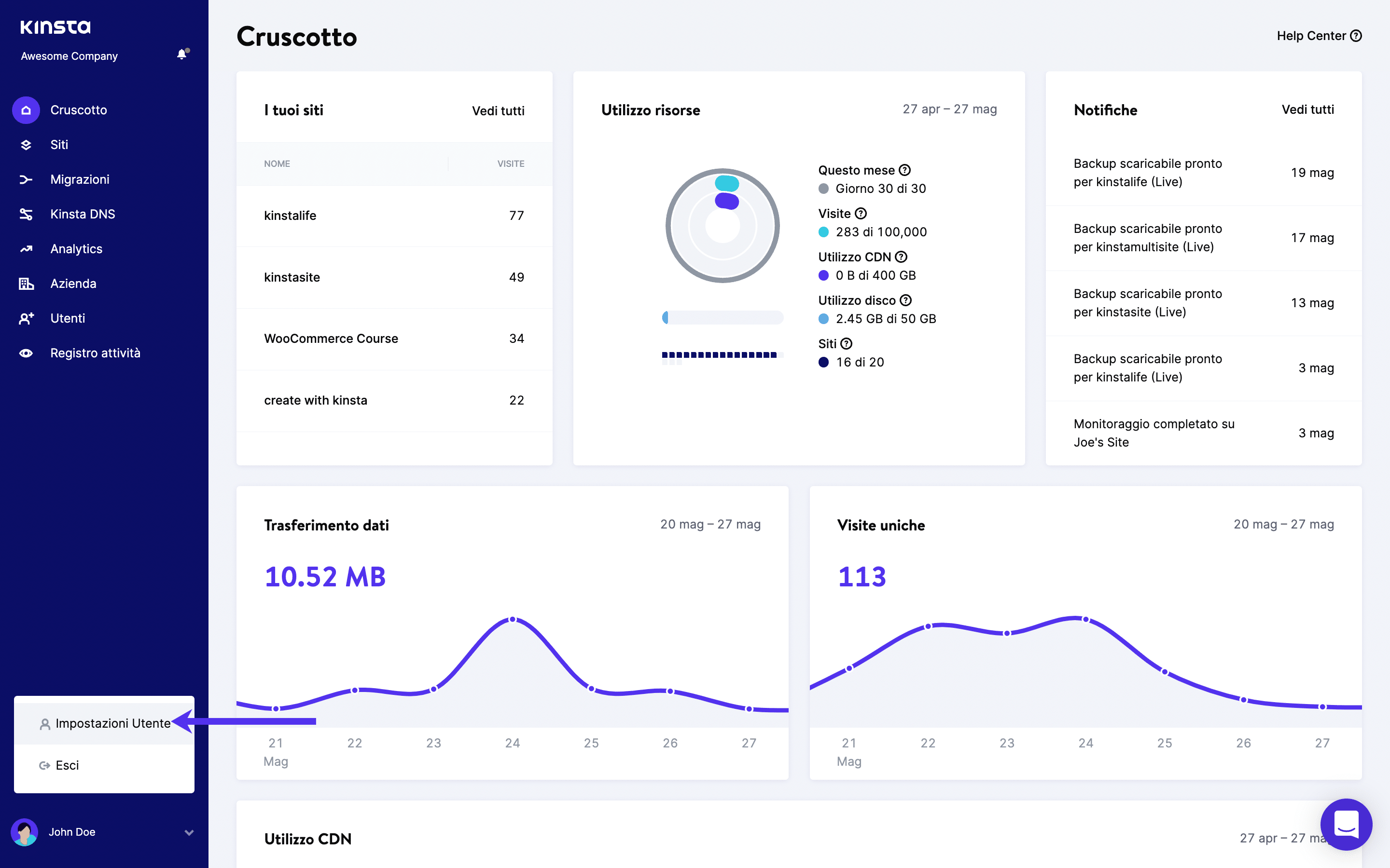 Impostazioni utente in MyKinsta