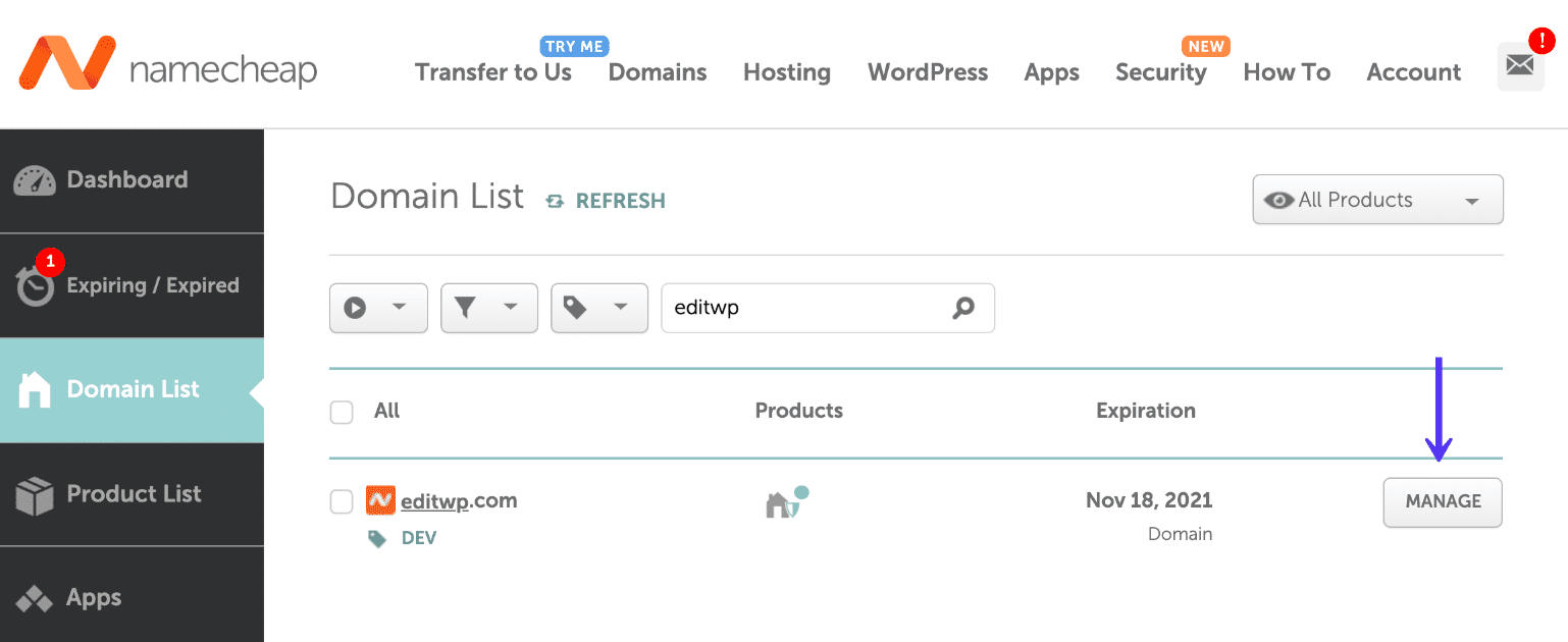 Namecheap manage domain