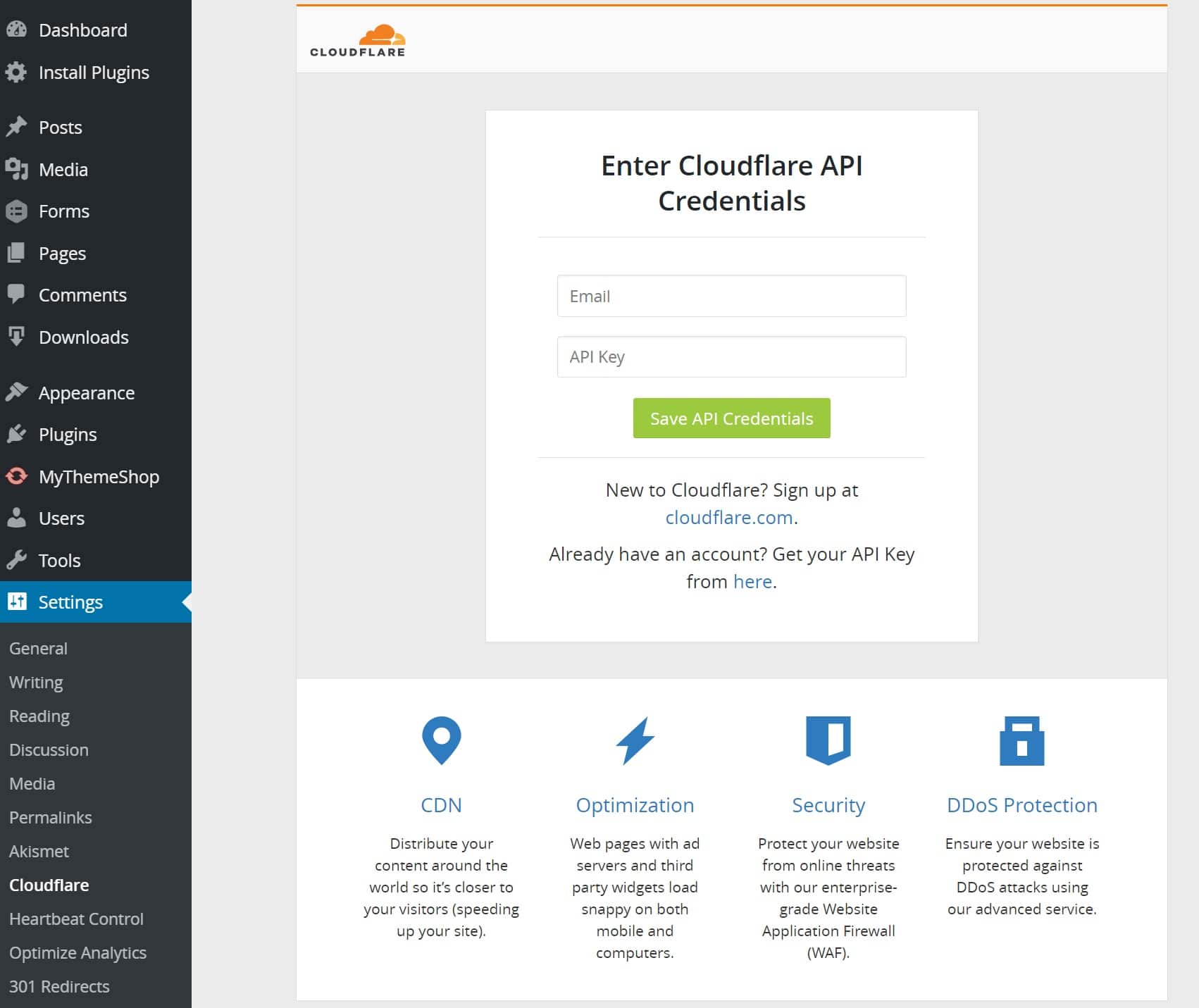 Credenziali API nel plugin Cloudflare