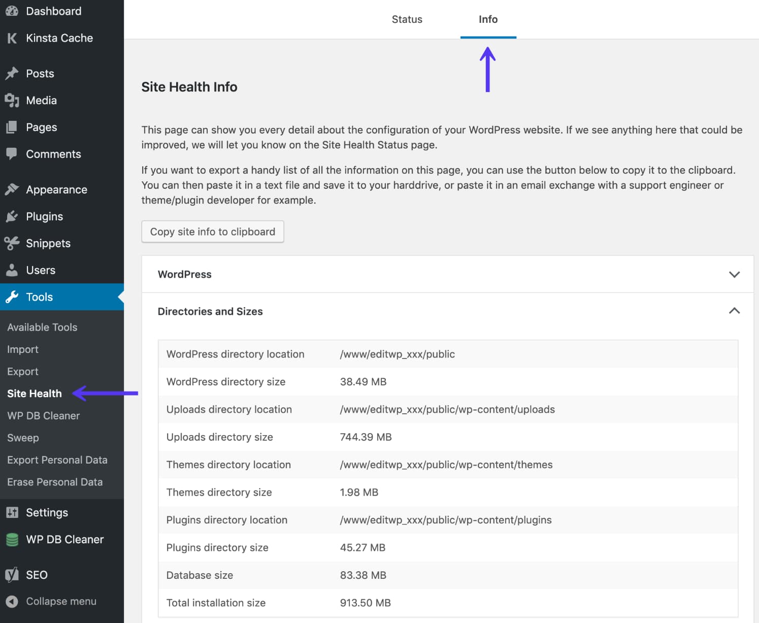 Directory e dimensioni nello strumento Salute del Sito WordPress