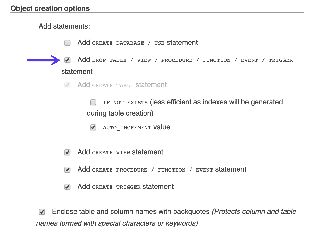 Aggiungi drop table in phpMyAdmin