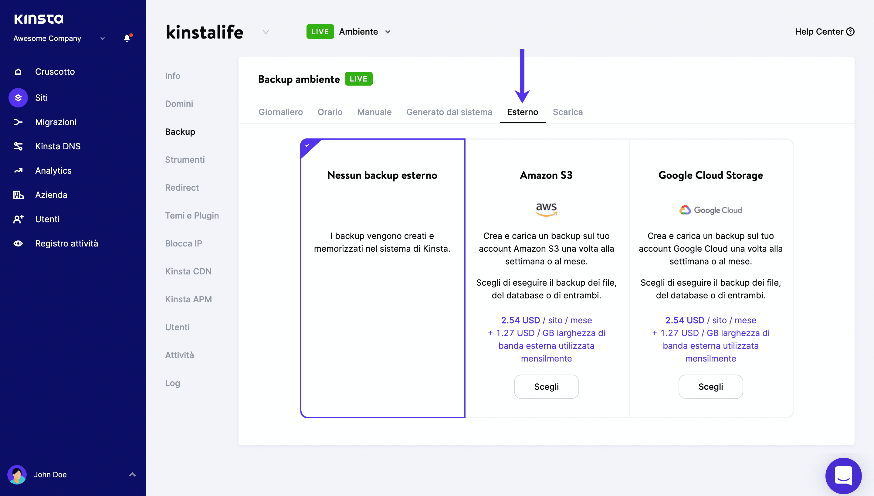 Attivare i backup esterni in MyKinsta.