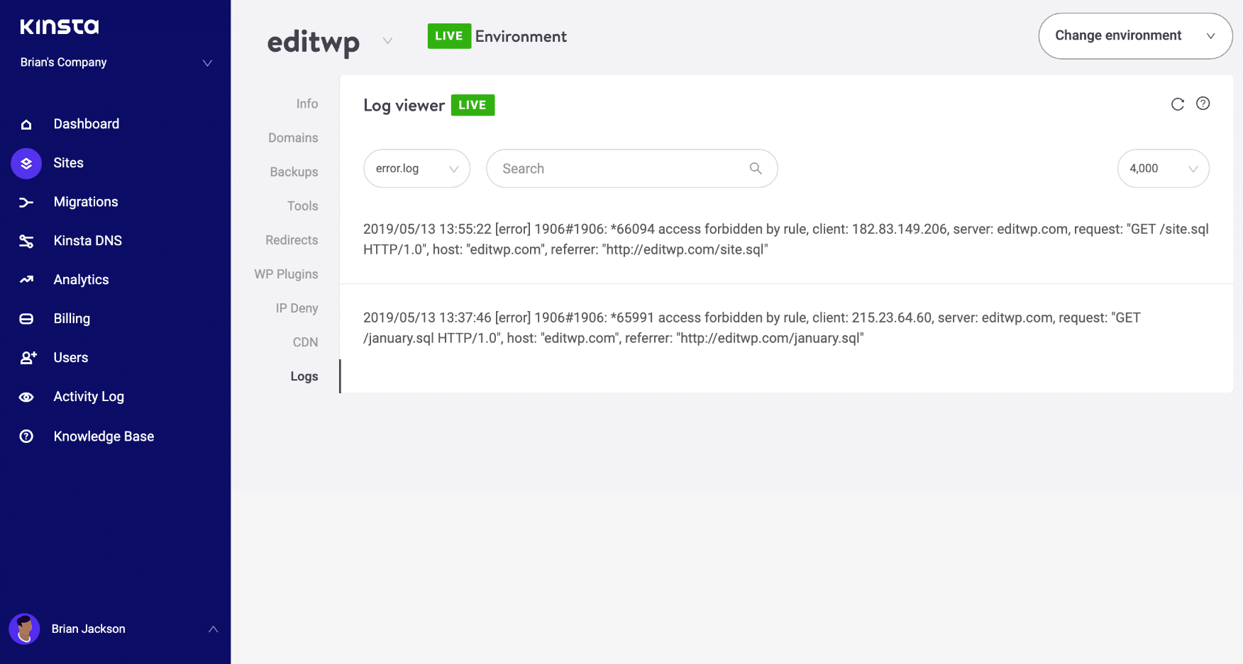 Controllate i log per gli errori 500 internal server error