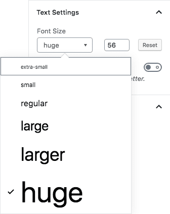 Dimensioni font personalizzate in Gutenberg