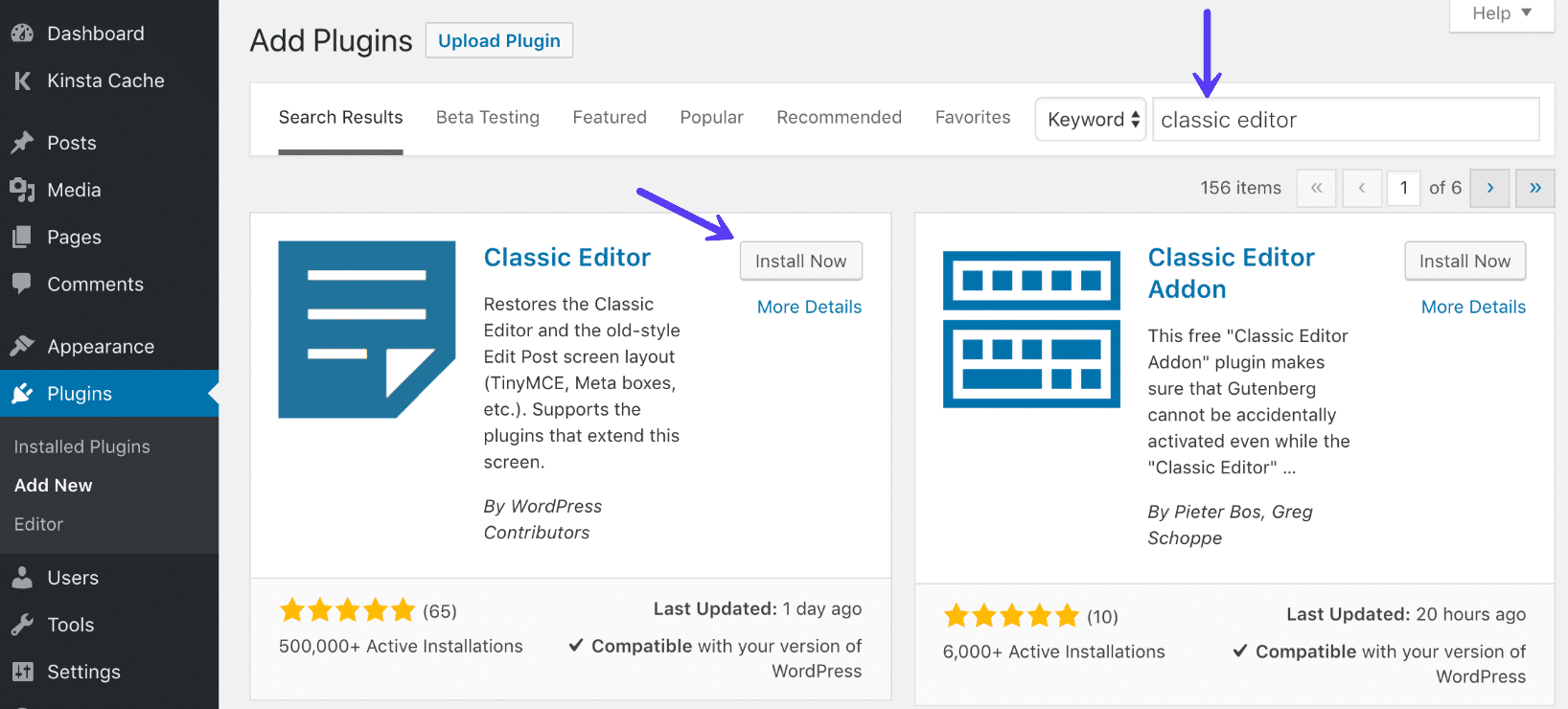 Installazione del plugin di WordPress Classic Editor