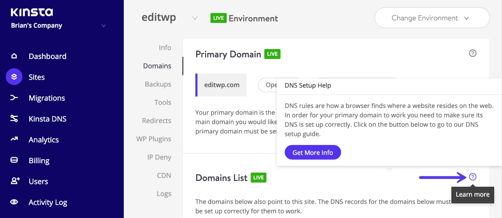 Tooltip MyKinsta