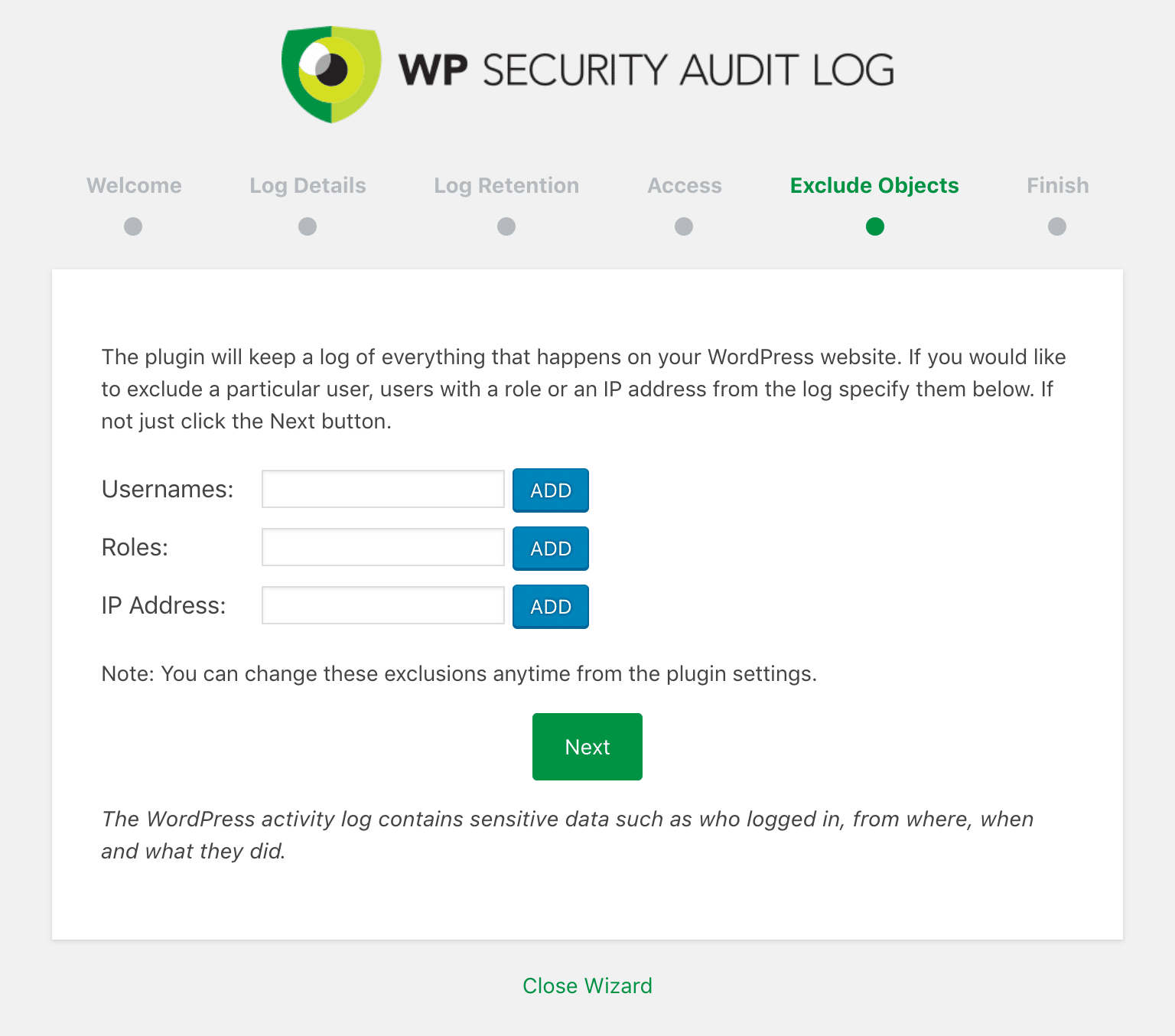 Esclusione di oggetti in WP Security Audit Log