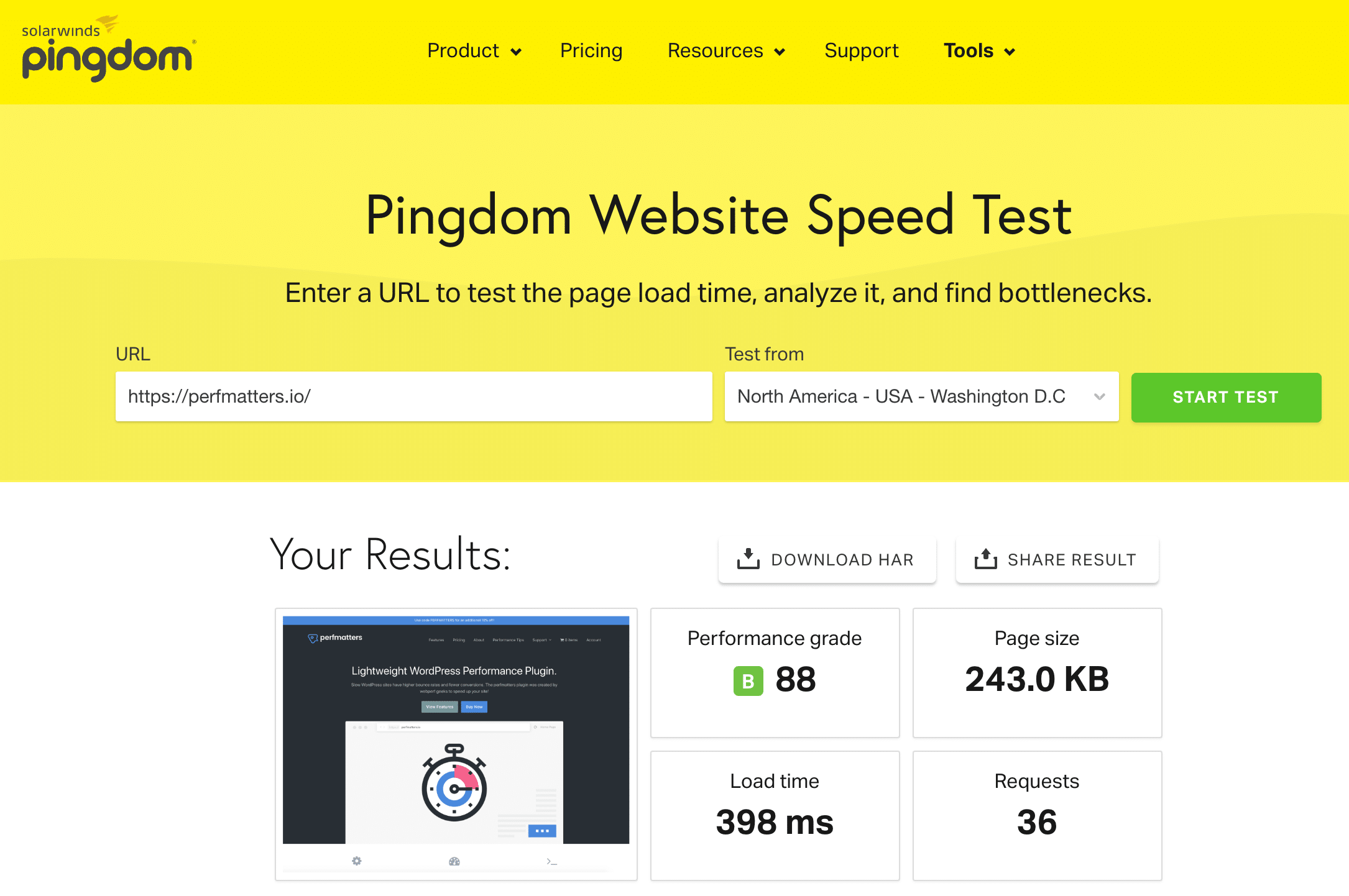 Speed test di un sito web su Pingdom