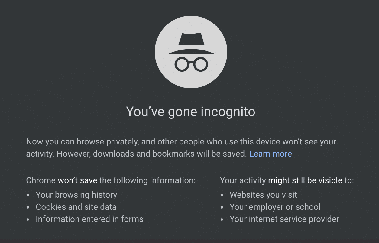 Finestra di Chrome in incognito mode