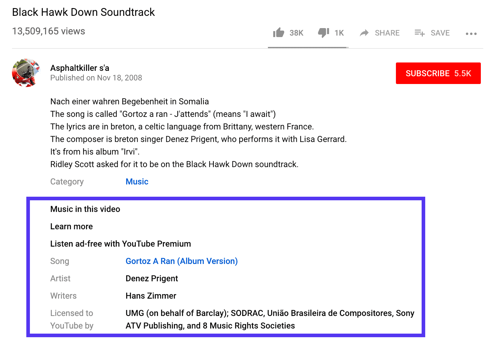 Un esempio di voci di copyrighted su un pezzo musicale in YouTube