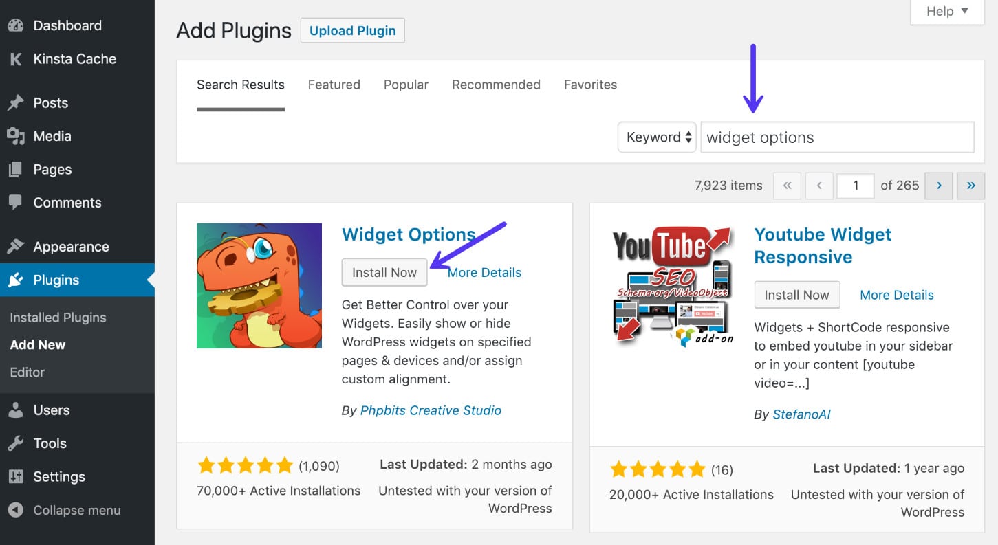 Installare il plugin Widget Options