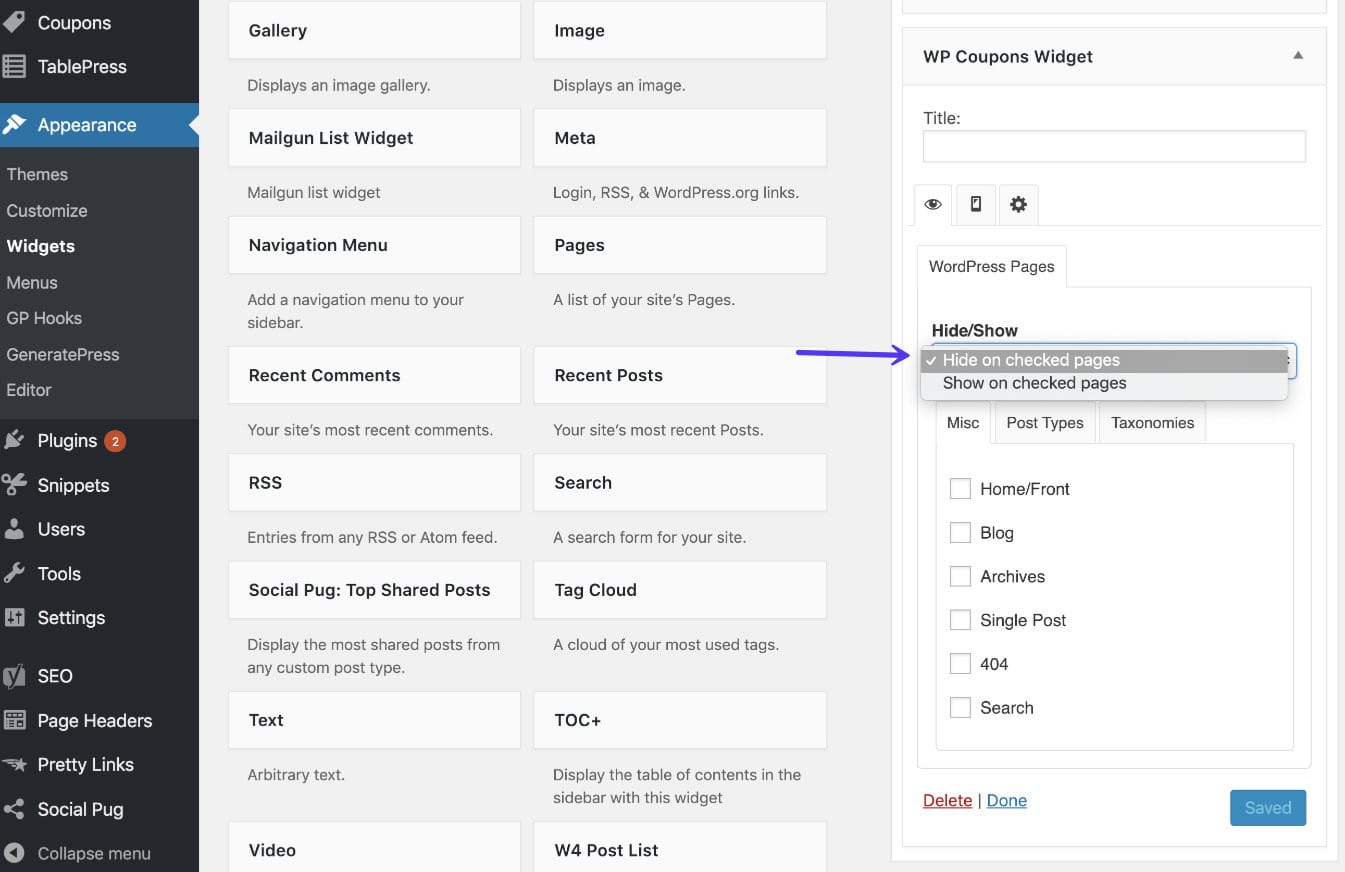 Opzioni Widget' Nascondi/Mostra i widget su pagine specifiche