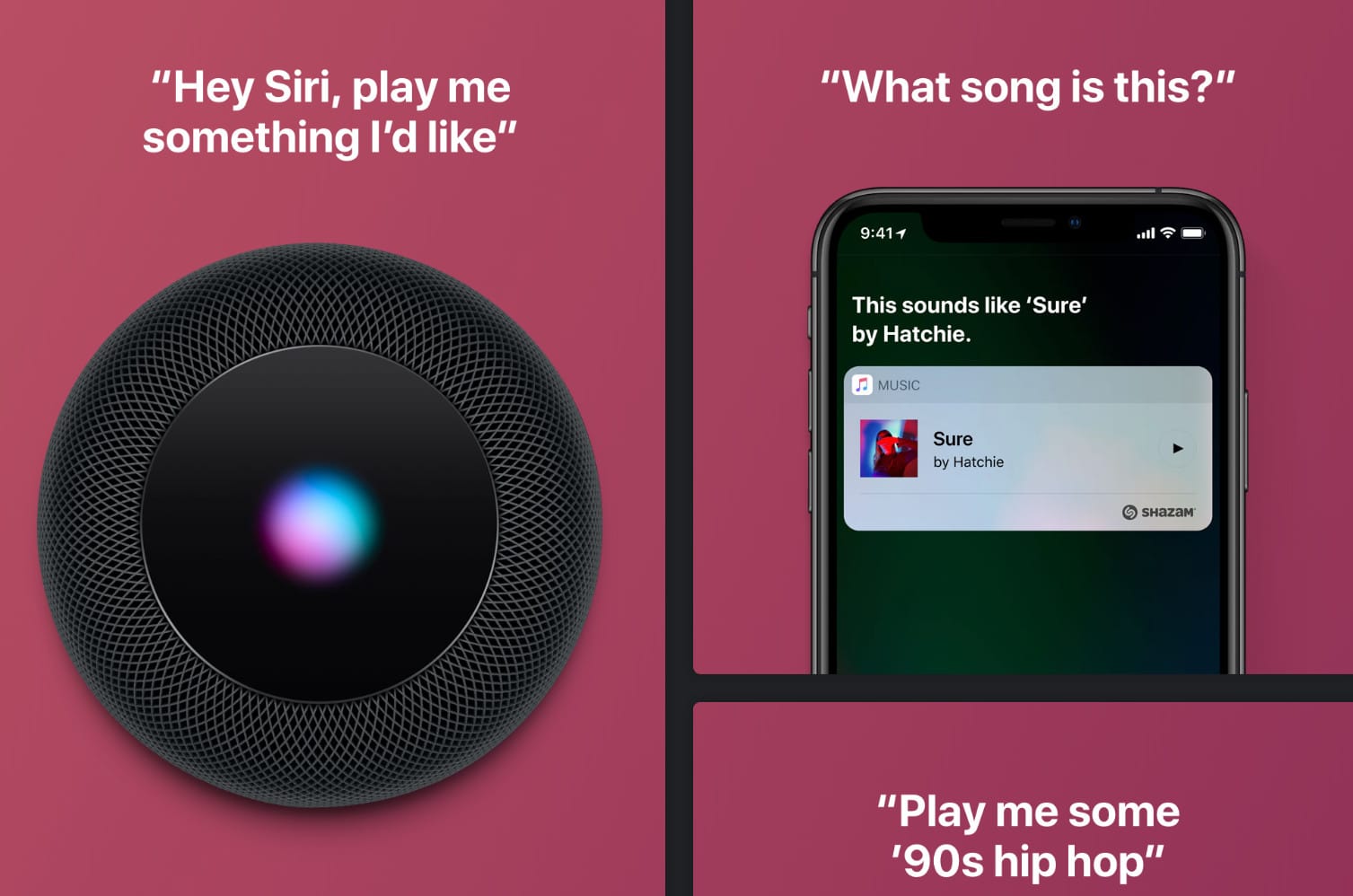 Due immagini che rappresentano la ricerca vocale: chiedere a Siri di suonare una canzone che ci piace o chiedere all’app Shazam di riconoscere una canzone