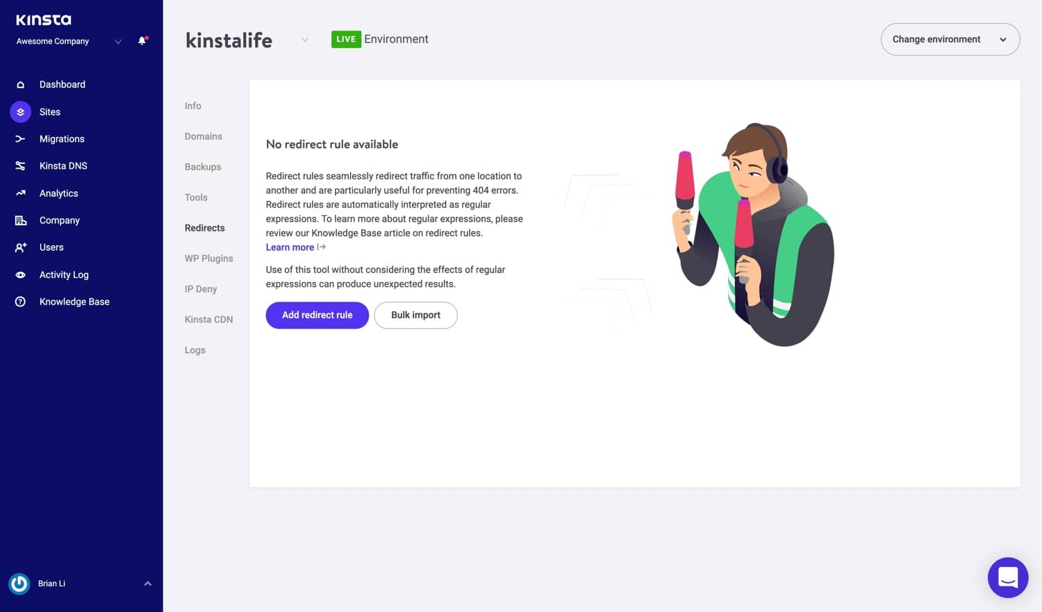 Strumento per i reindirizzamenti WordPress in MyKinsta.