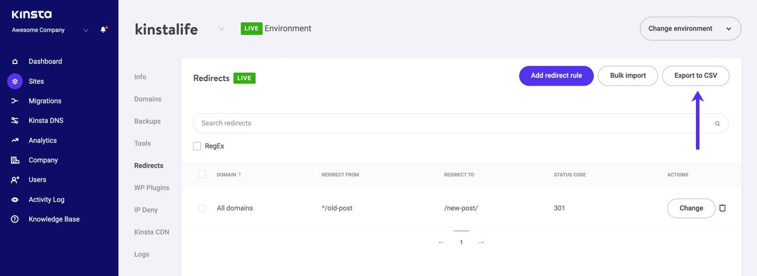 Esportazione dei reindirizzamenti WordPress in formato CSV.