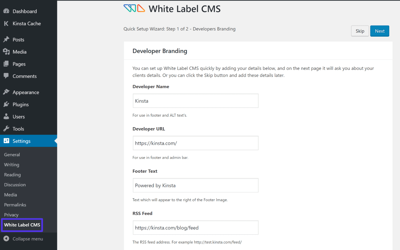 Configurazione guidata di White Label CMS
