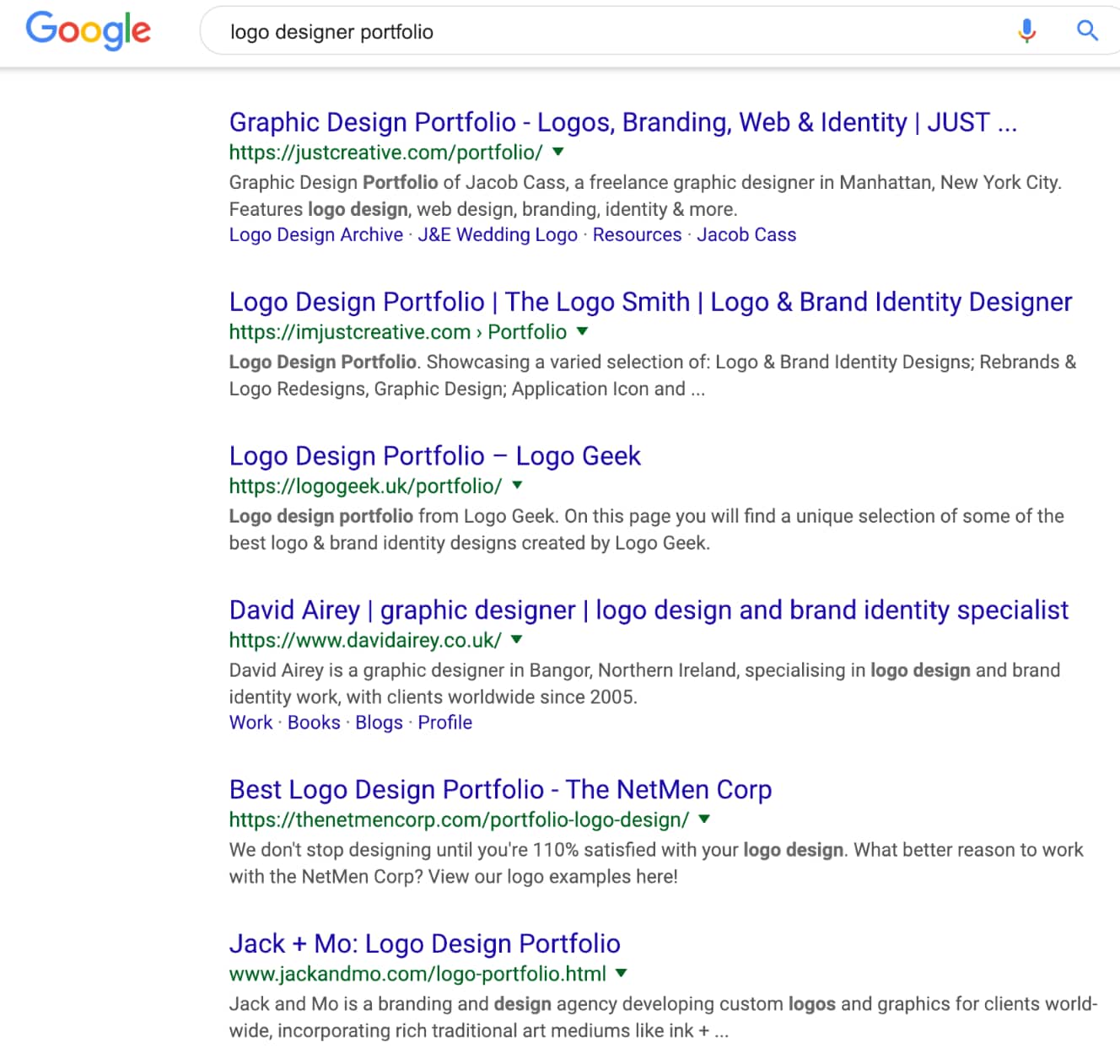 Risultati della ricerca in prima pagina di Google per le keyword "logo designer portfolio"