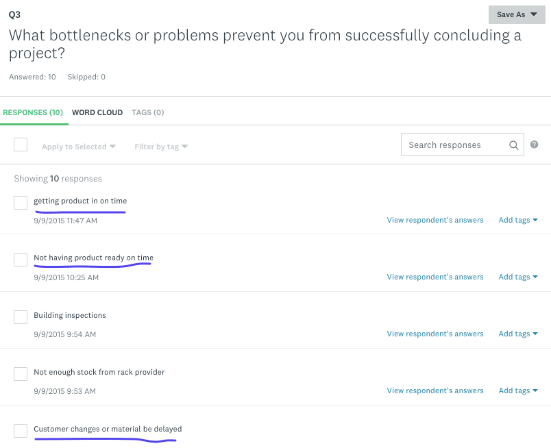 Schermata di un questionario cliente con alcune risposte sulle barriere che impediscono di portare a termine i progetti