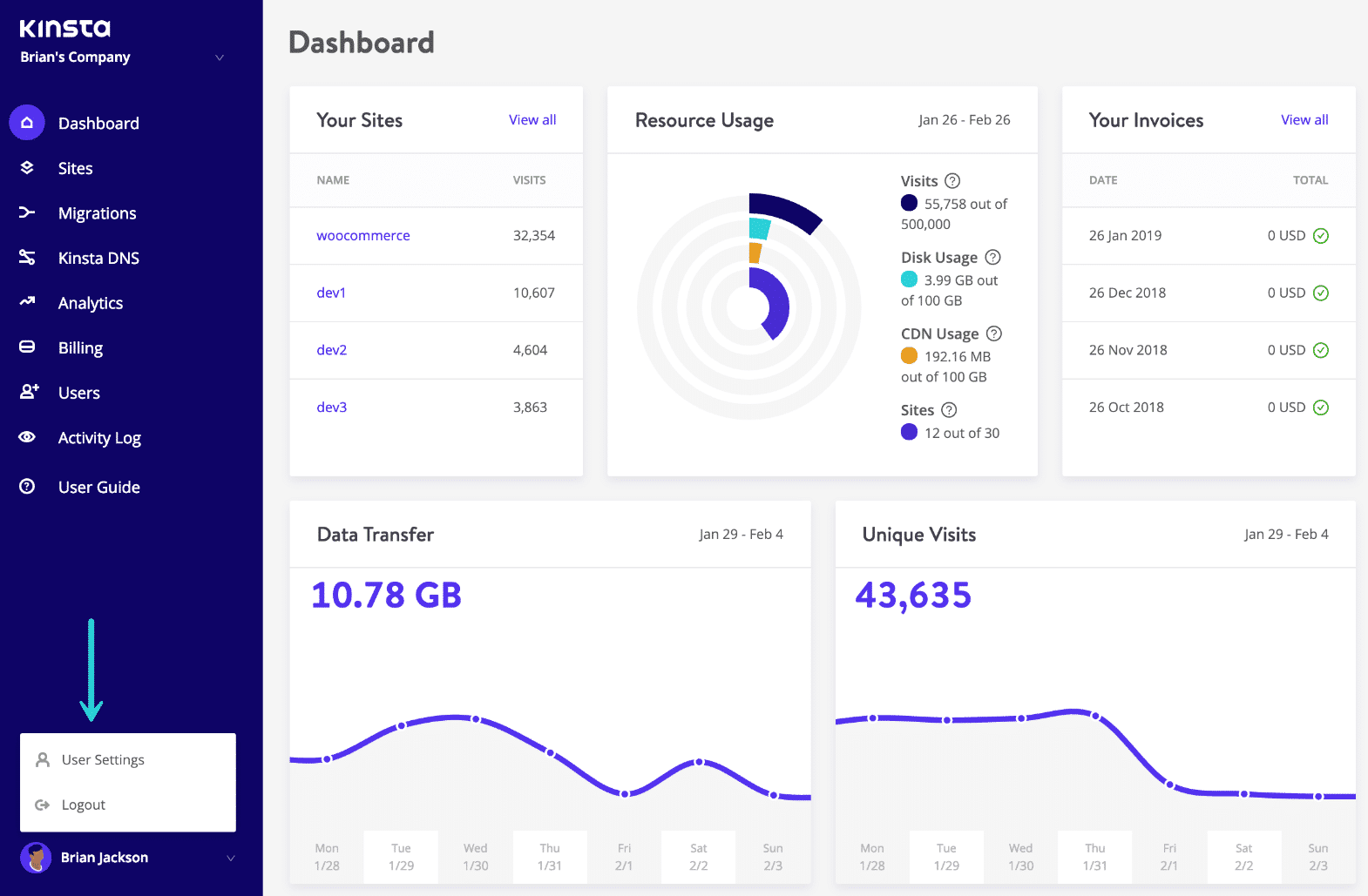 Impostazioni utente MyKinsta