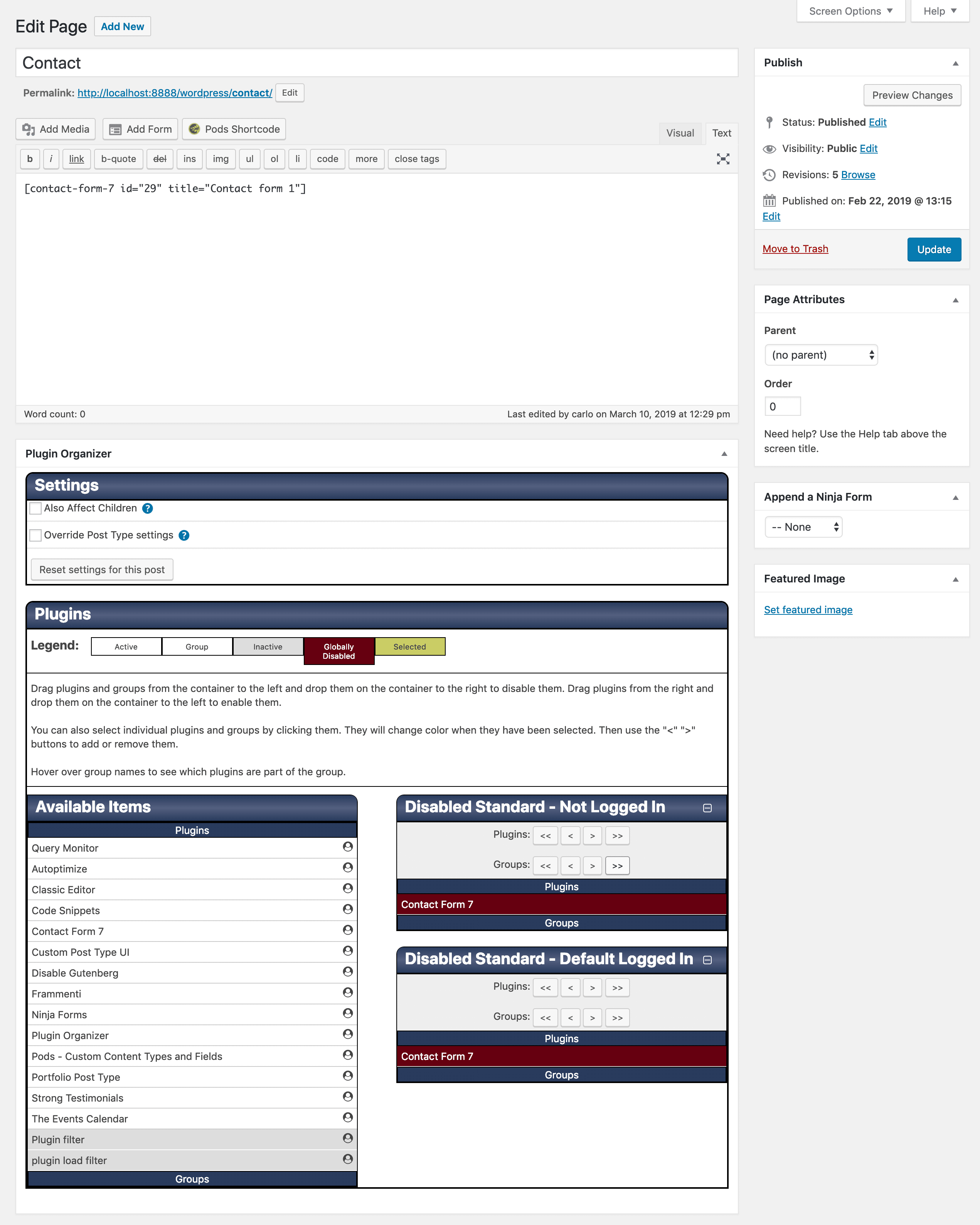 Il custom metabox di Plugin Organizer nella pagina dei contatti