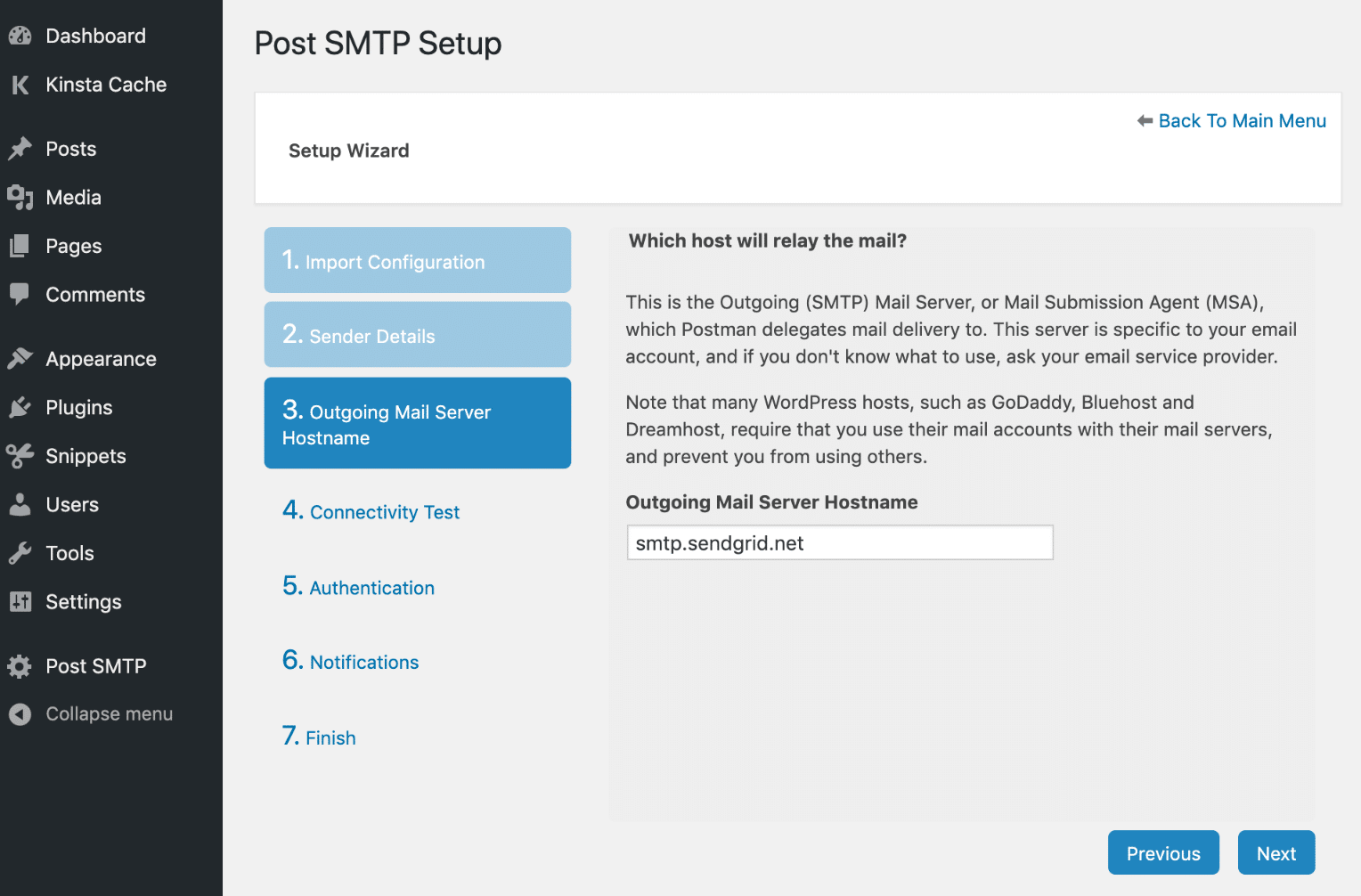 Nome host server di posta in uscita in Post SMTP