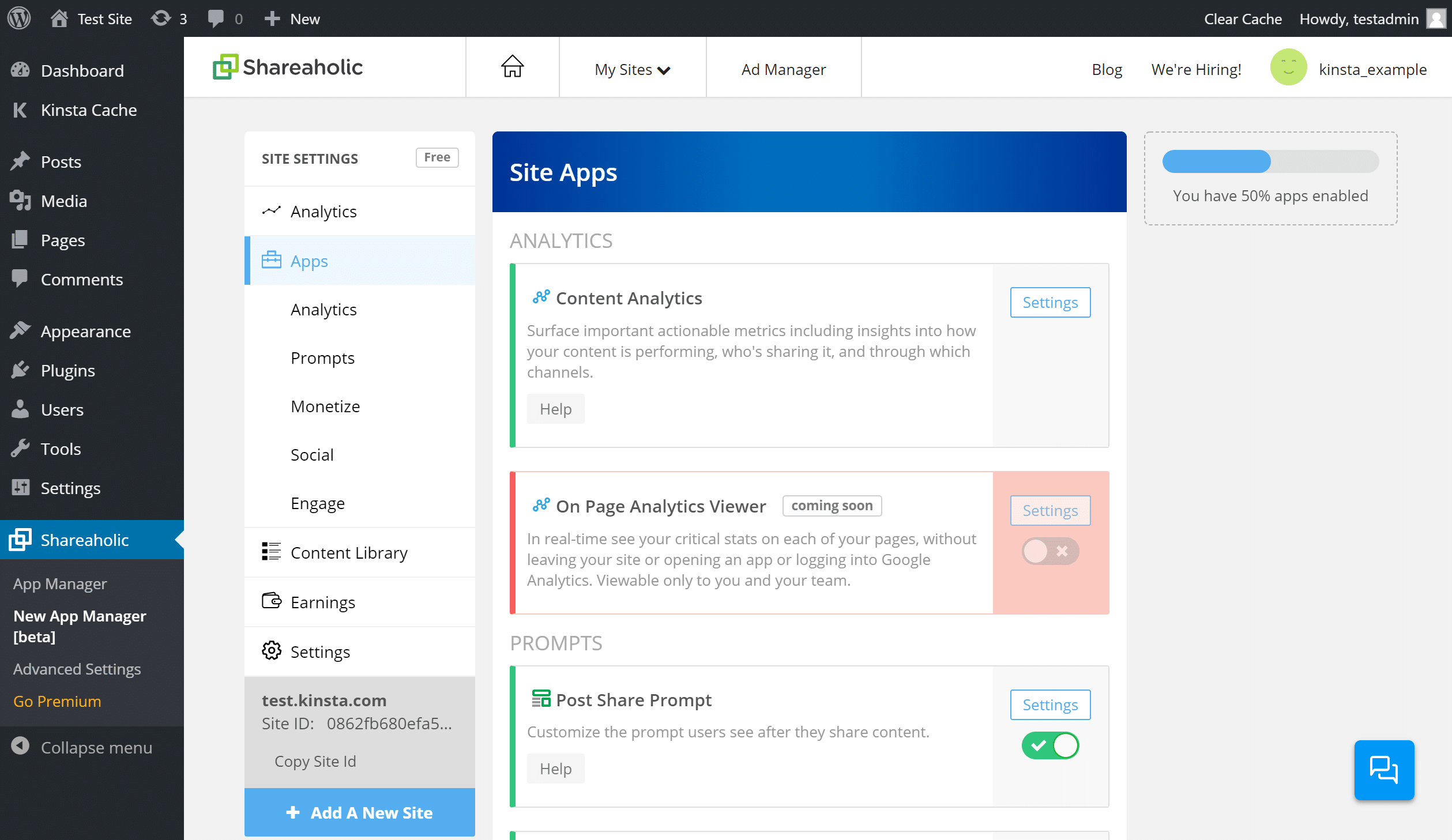 La dashboard di Shareaholic