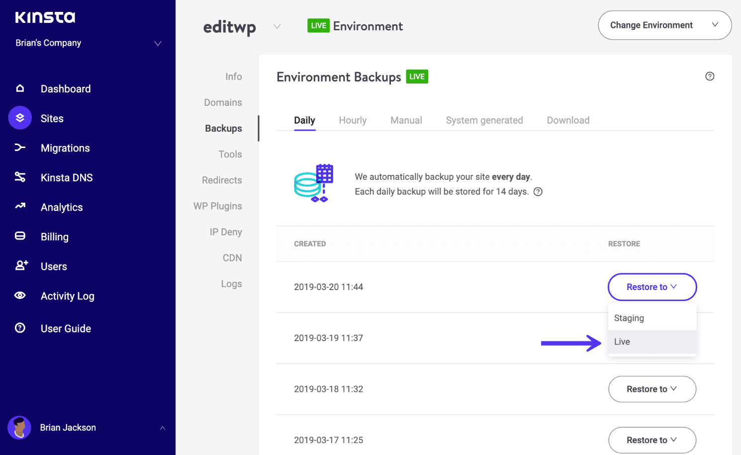 Ripristinare un sito WordPress da un'istantanea (backup)