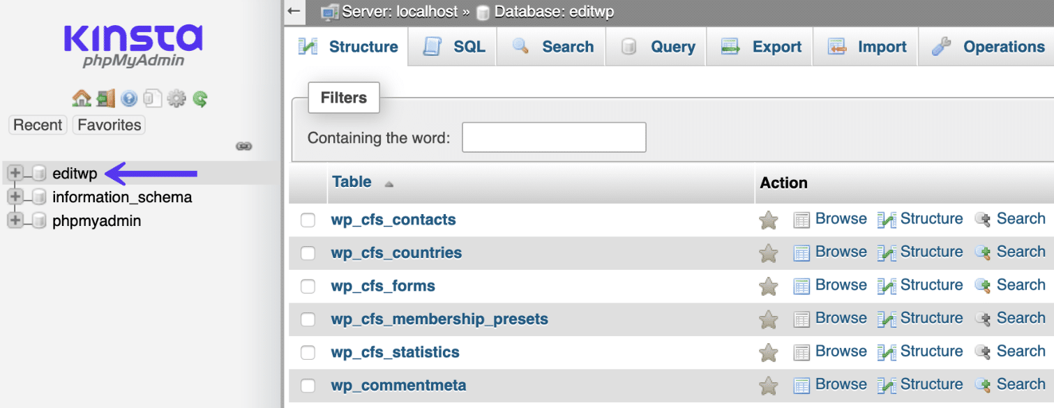 Il database di WordPress in phpMyAdmin