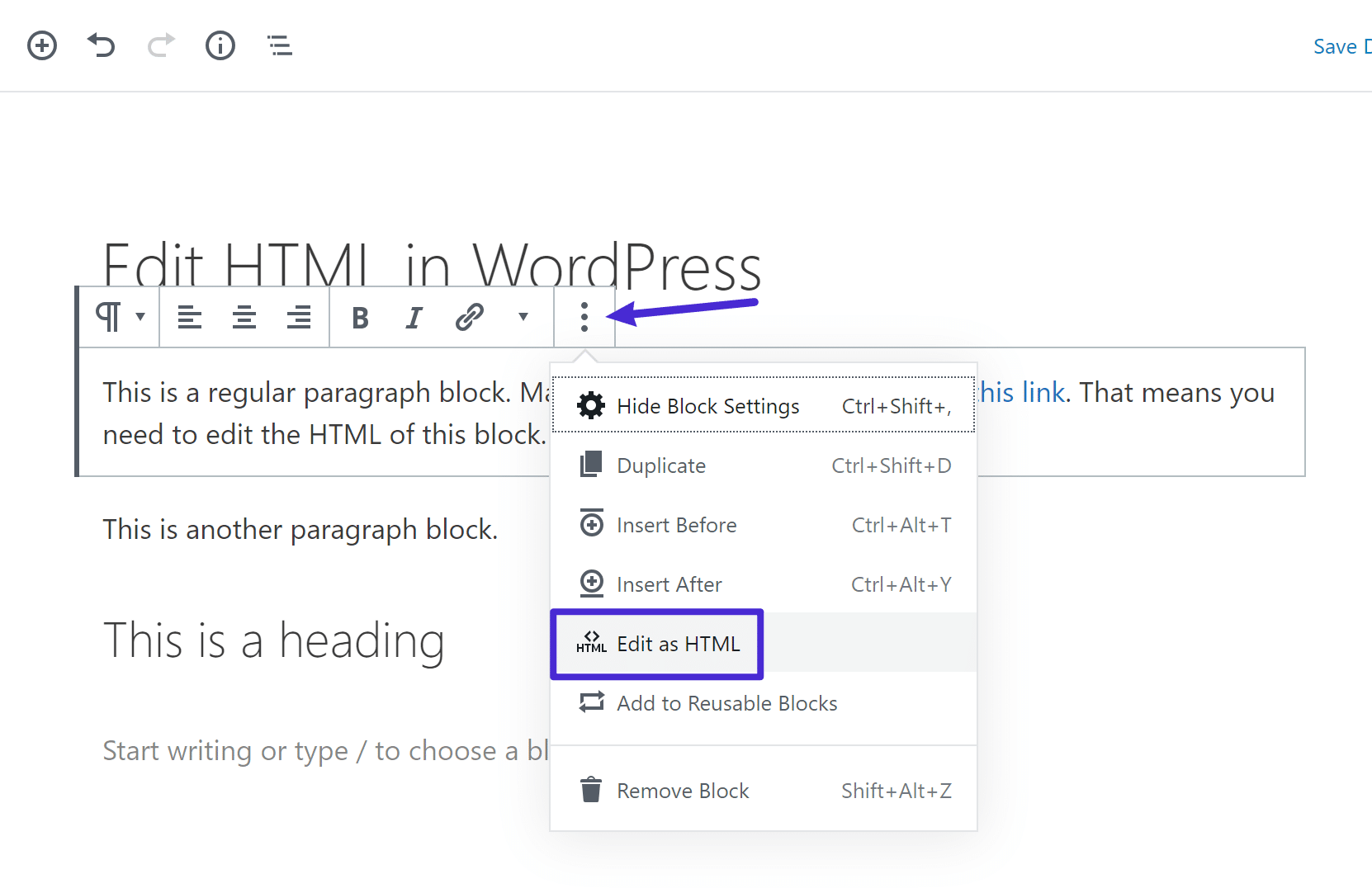 Come modificare un singolo blocco come HTML